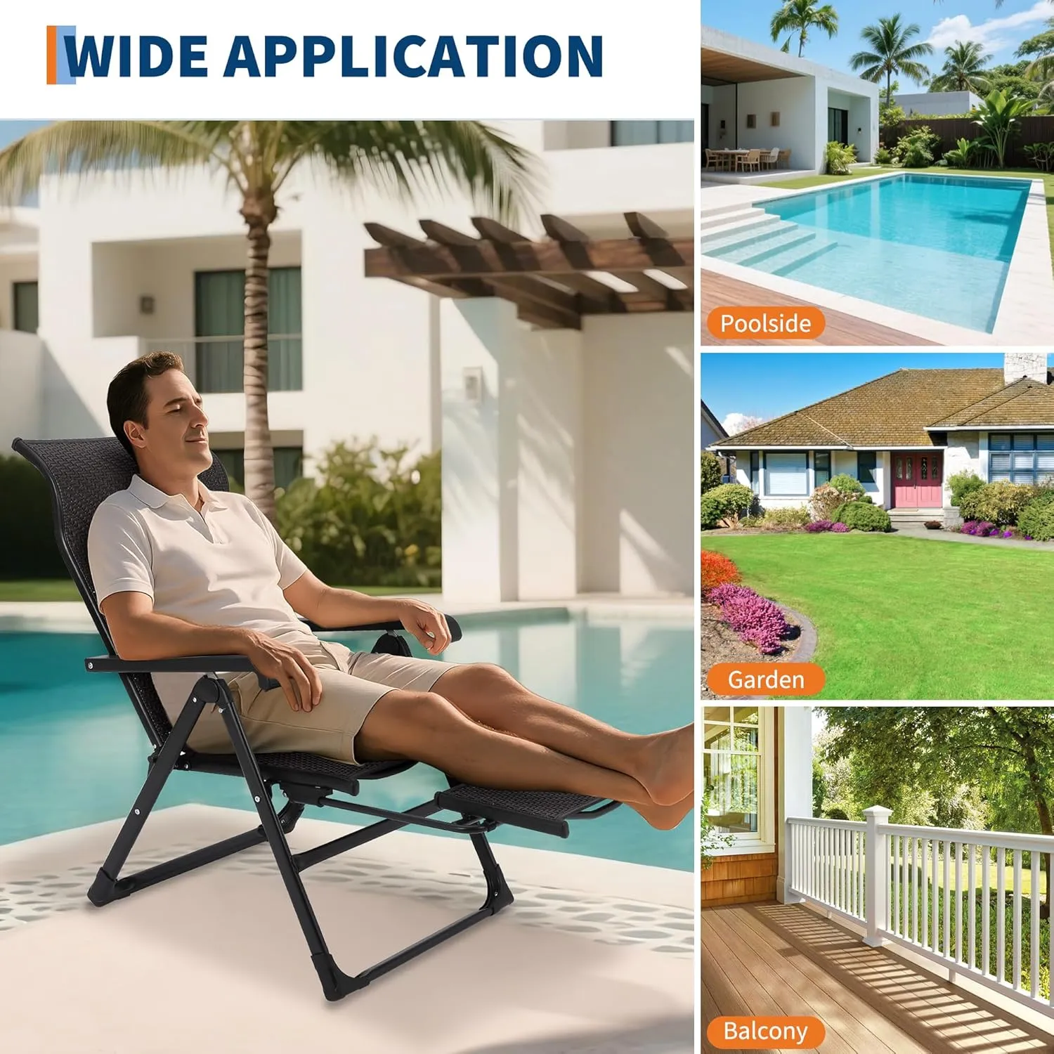 Outdoor Folding Rattan Lounge Chair, Patio Lounge Chair with Adjustable High Backrest & Reversible Out Footrest, Portable Recliners for Garden Balcony Poolside