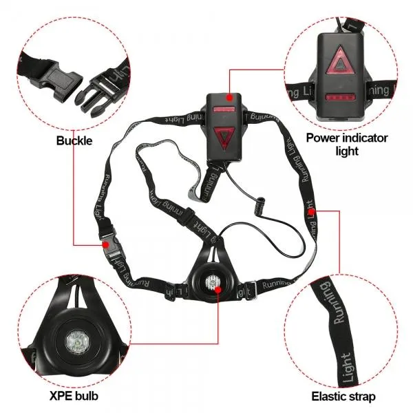 Outdoor LED Chest Light Night Running Warning Light with Removable Fixing Band USB Charge Black