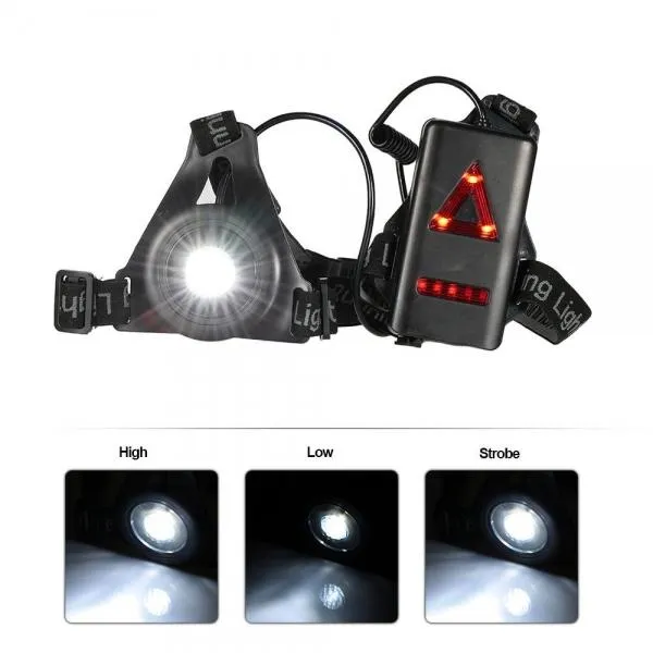 Outdoor LED Chest Light Night Running Warning Light with Removable Fixing Band USB Charge Black