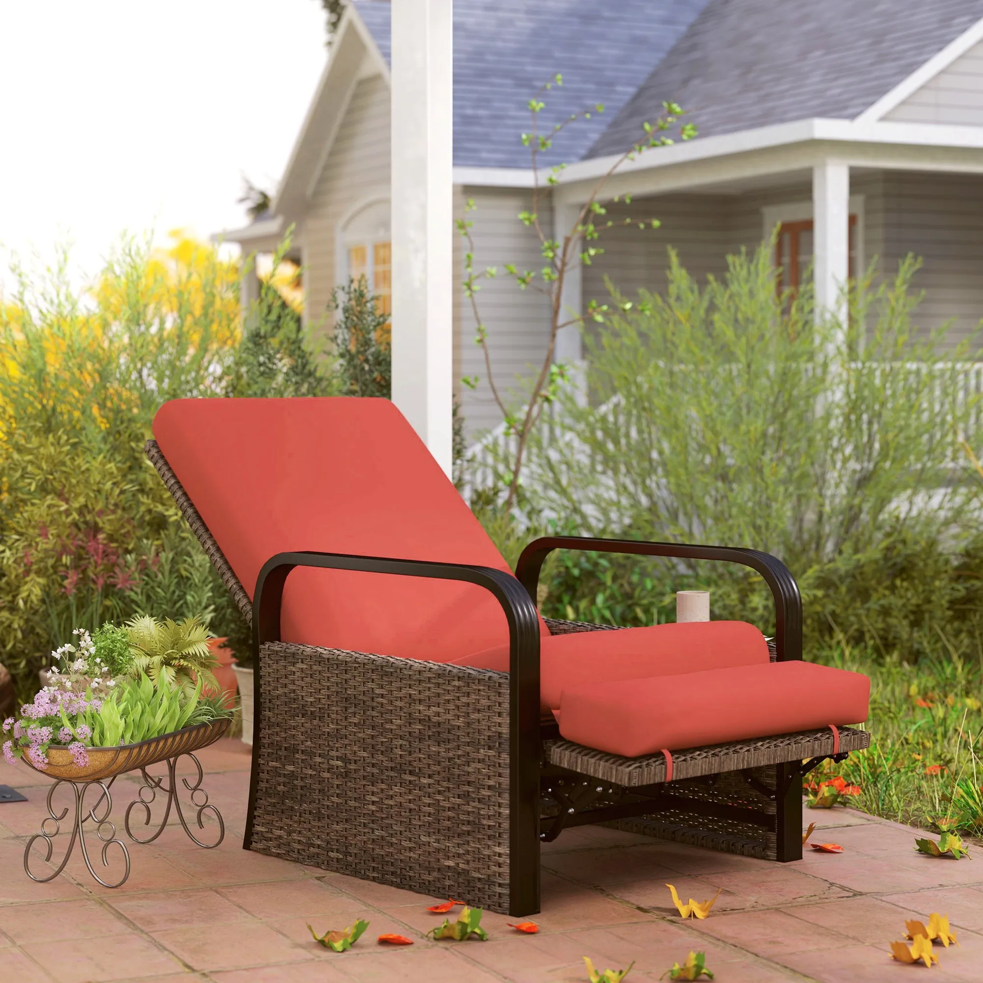 Outdoor Recliner Chair, Reclining Outdoor Lounge Chair with Adjustable Backrest and Footrest, Wicker Chair with Flip Side Table, Aluminum Armrests and Cushion, Red