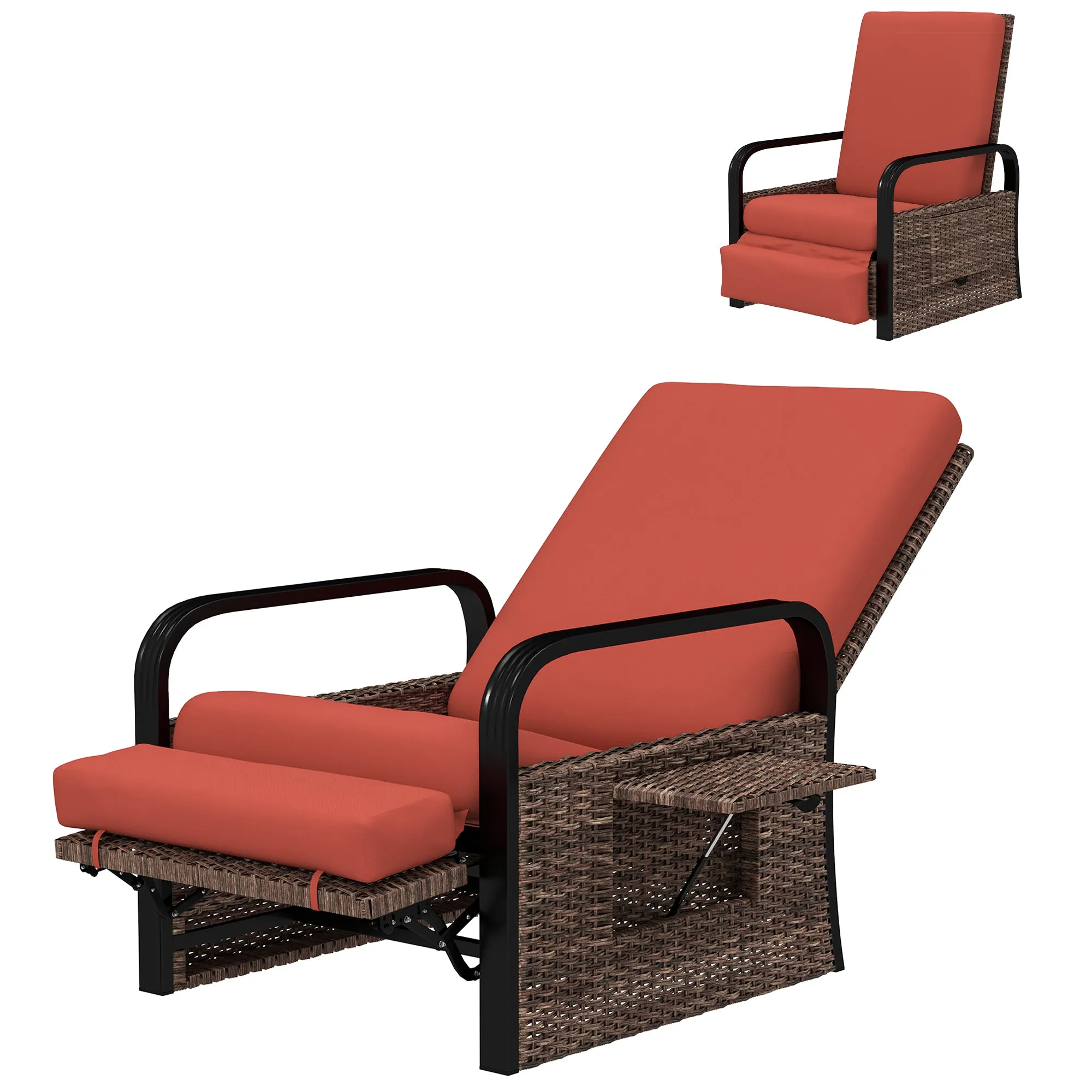Outdoor Recliner Chair, Reclining Outdoor Lounge Chair with Adjustable Backrest and Footrest, Wicker Chair with Flip Side Table, Aluminum Armrests and Cushion, Red