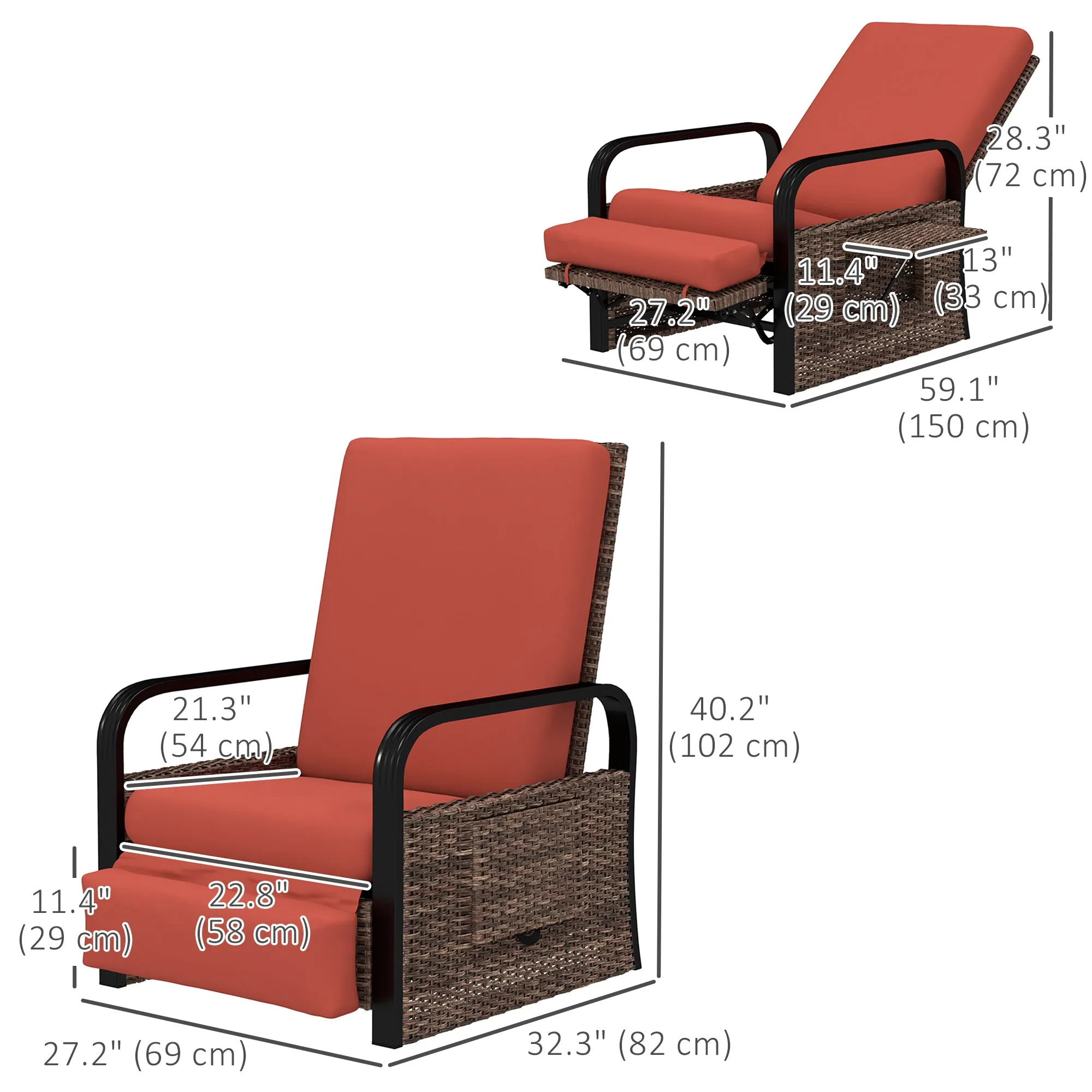 Outdoor Recliner Chair, Reclining Outdoor Lounge Chair with Adjustable Backrest and Footrest, Wicker Chair with Flip Side Table, Aluminum Armrests and Cushion, Red