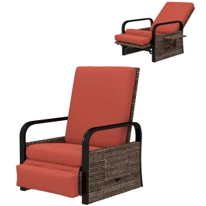 Outdoor Recliner Chair, Reclining Outdoor Lounge Chair with Adjustable Backrest and Footrest, Wicker Chair with Flip Side Table, Aluminum Armrests and Cushion, Red