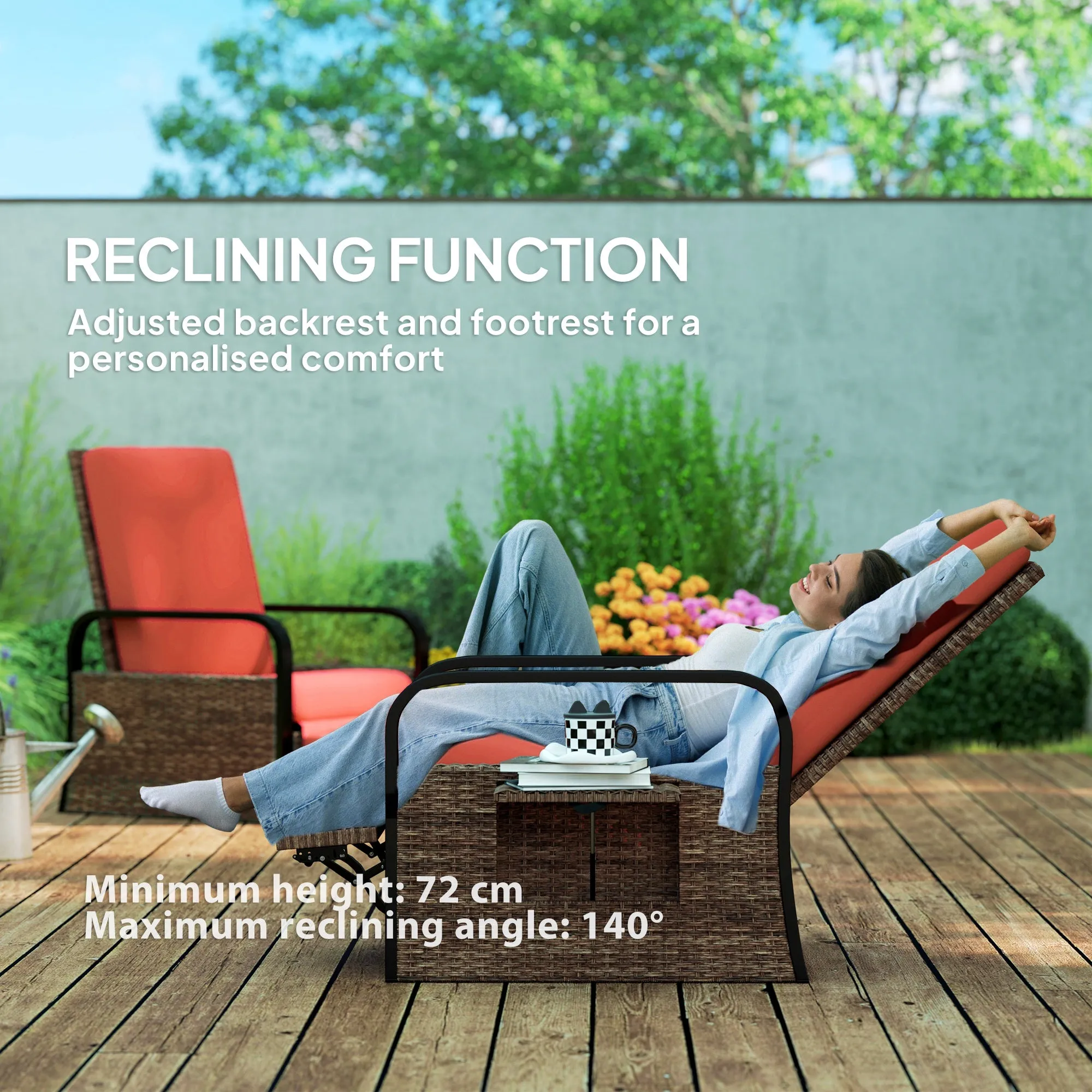Outdoor Recliner Chair, Reclining Outdoor Lounge Chair with Adjustable Backrest and Footrest, Wicker Chair with Flip Side Table, Aluminum Armrests and Cushion, Red