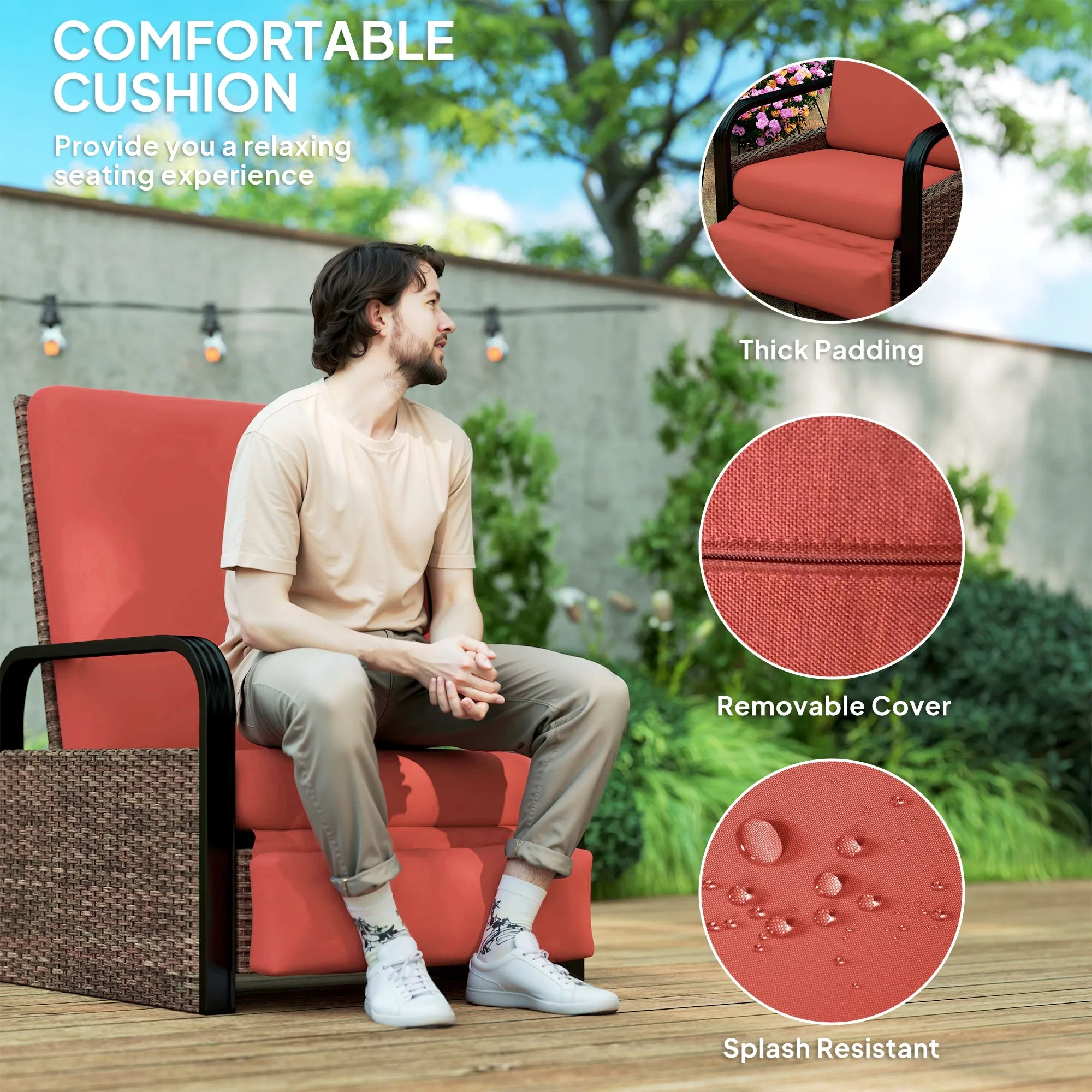 Outdoor Recliner Chair, Reclining Outdoor Lounge Chair with Adjustable Backrest and Footrest, Wicker Chair with Flip Side Table, Aluminum Armrests and Cushion, Red