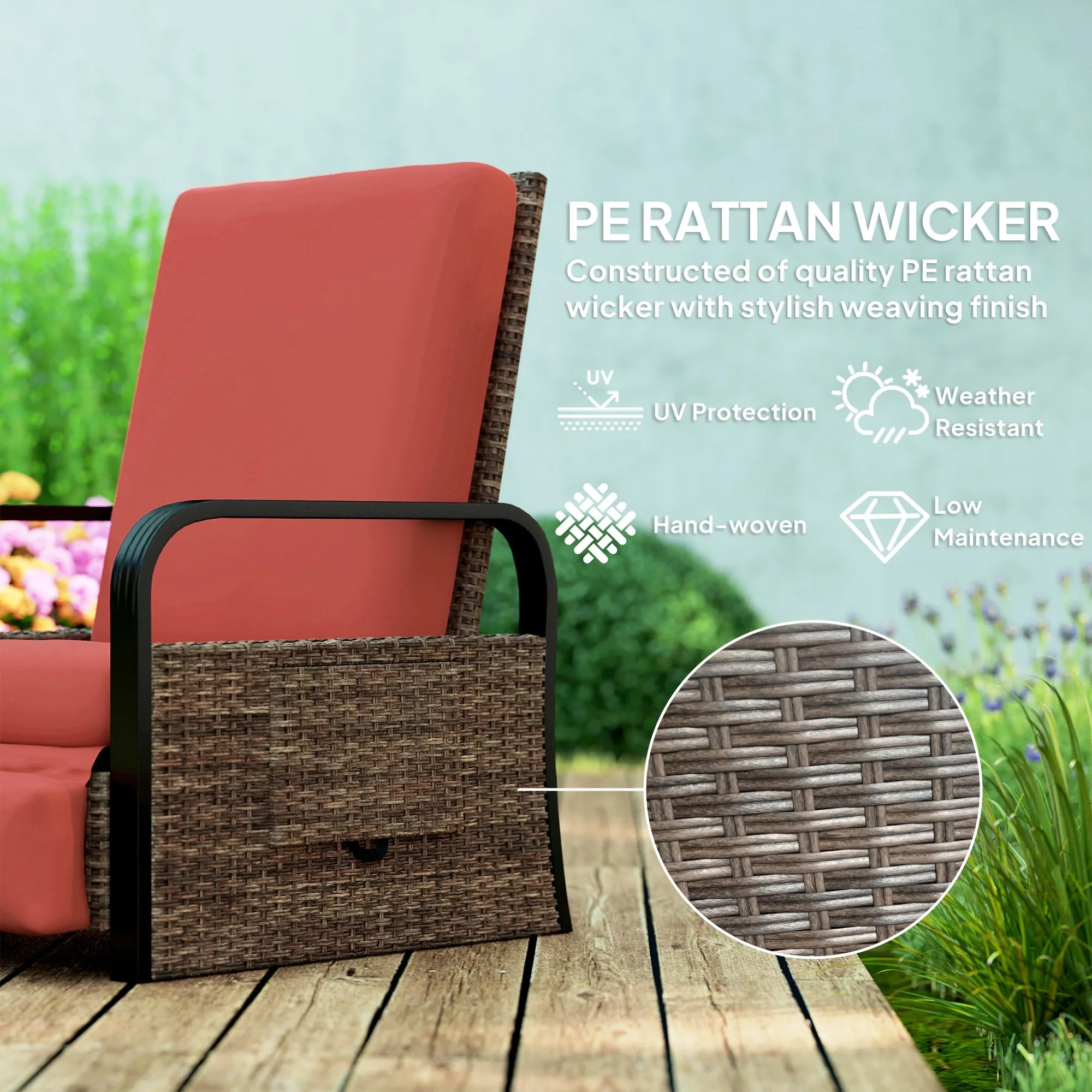 Outdoor Recliner Chair, Reclining Outdoor Lounge Chair with Adjustable Backrest and Footrest, Wicker Chair with Flip Side Table, Aluminum Armrests and Cushion, Red