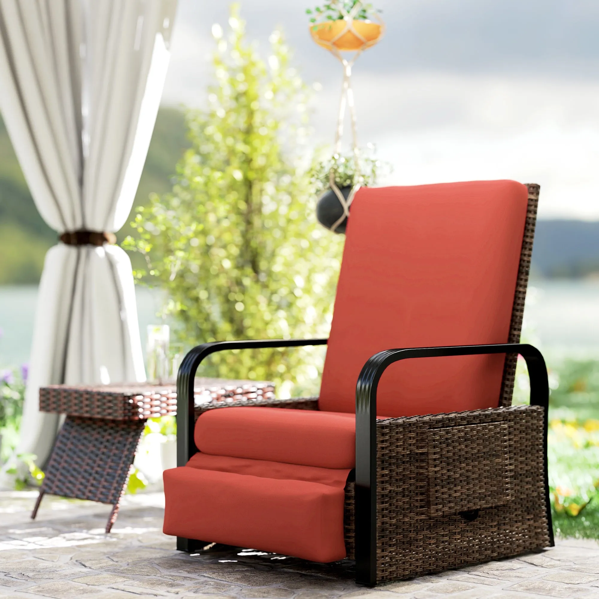 Outdoor Recliner Chair, Reclining Outdoor Lounge Chair with Adjustable Backrest and Footrest, Wicker Chair with Flip Side Table, Aluminum Armrests and Cushion, Red