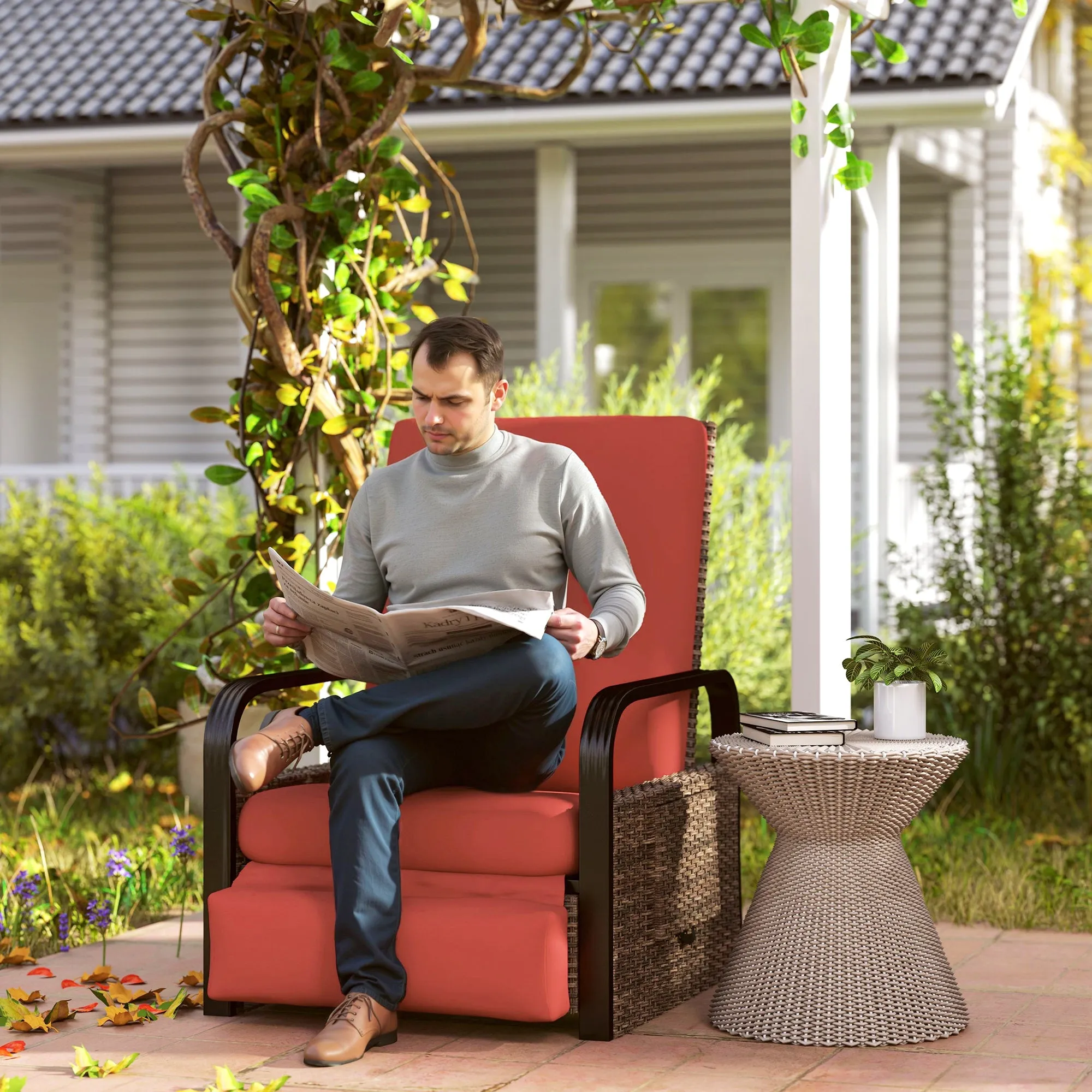 Outdoor Recliner Chair, Reclining Outdoor Lounge Chair with Adjustable Backrest and Footrest, Wicker Chair with Flip Side Table, Aluminum Armrests and Cushion, Red