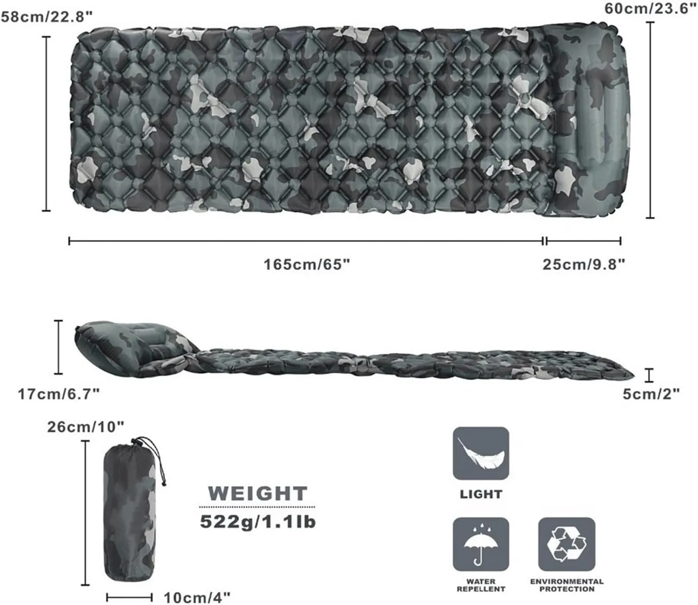 Outdoor Sleeping Pad Camping Inflatable Mattress with Pillows Travel Mat Folding Bed Ultralight Air Cushion Hiking Trekking (Color : No Pillow Camouflage, Size : /)