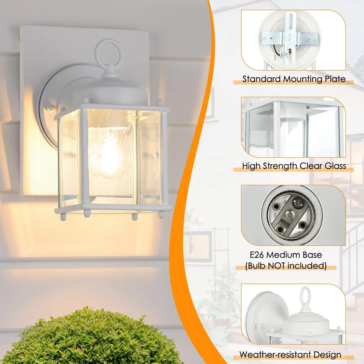 Outdoor Wall Lantern, Exterior White Waterproof Wall Sconce Lighting Fixtures, Front Door Wall Lights with Clear Beveled Glass Shade, 2 Pack