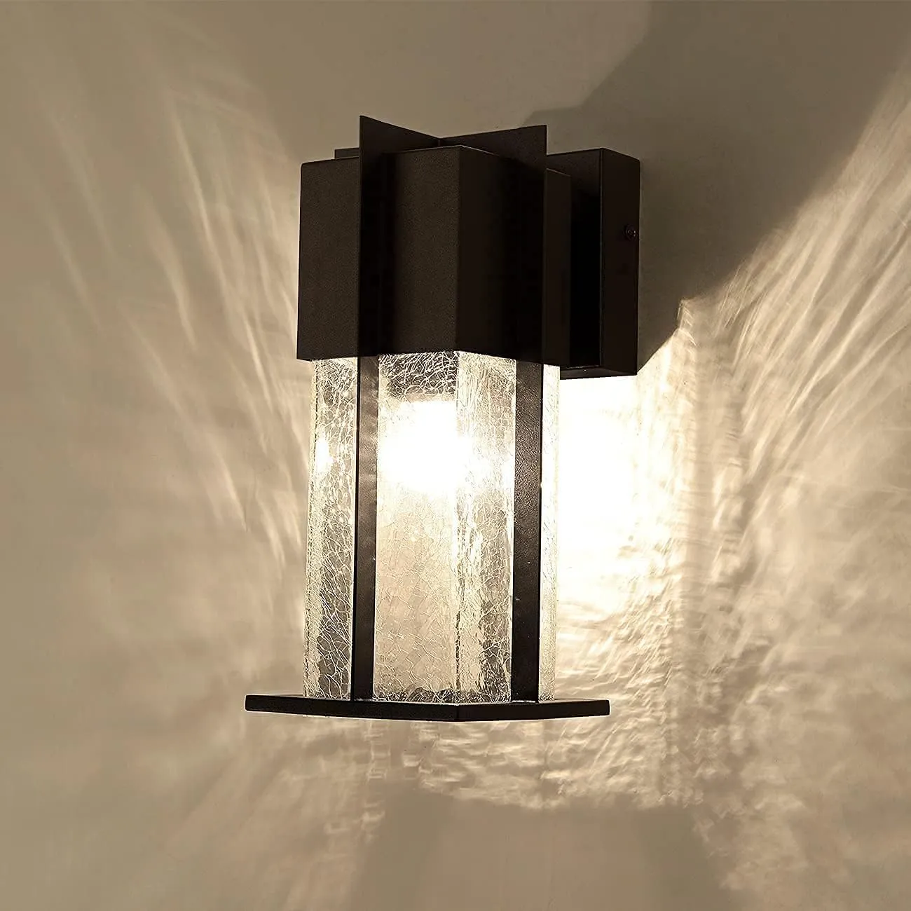 Outdoor Wall Light Fixtures with Crack-Like Glass Shade, Modern Outdoor Wall Sconce Exterior Light Fixture IP65 Waterproof, Front Porch Light Wall Mount for Garage, Patio, Front Door, Black