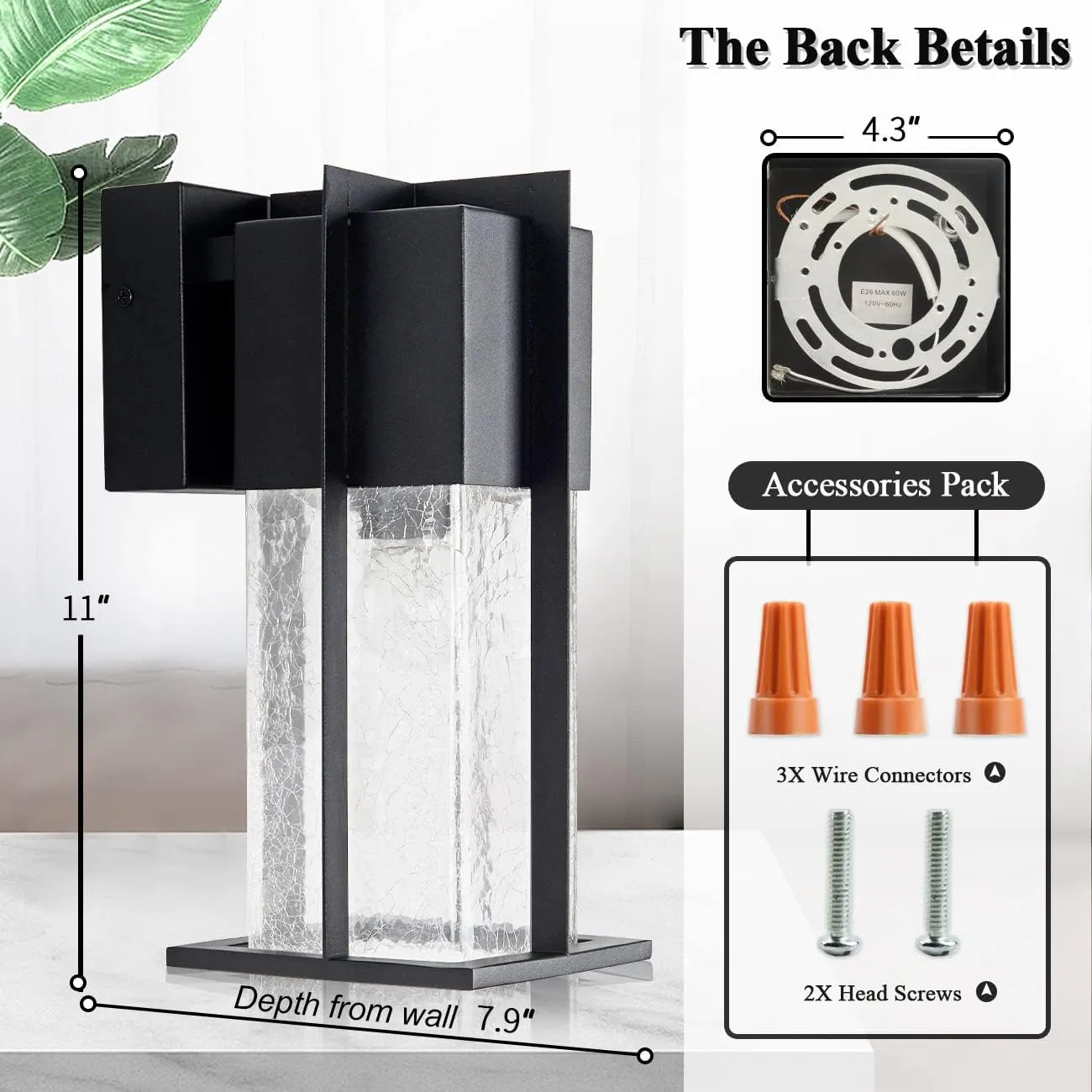 Outdoor Wall Light Fixtures with Crack-Like Glass Shade, Modern Outdoor Wall Sconce Exterior Light Fixture IP65 Waterproof, Front Porch Light Wall Mount for Garage, Patio, Front Door, Black