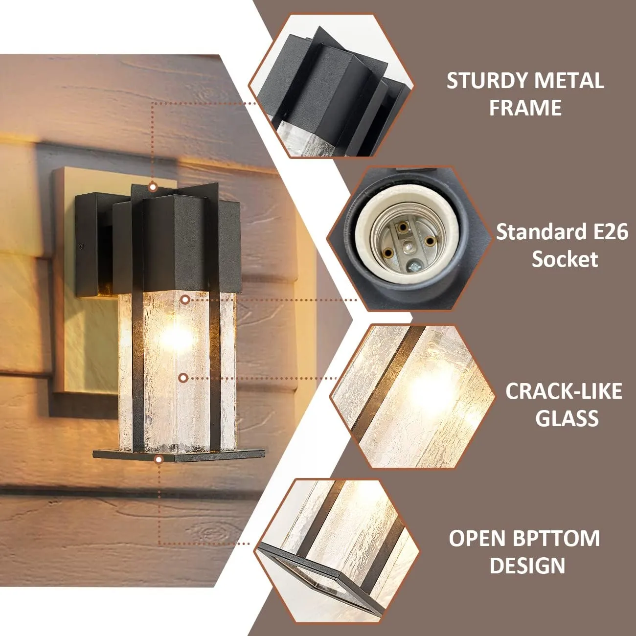 Outdoor Wall Light Fixtures with Crack-Like Glass Shade, Modern Outdoor Wall Sconce Exterior Light Fixture IP65 Waterproof, Front Porch Light Wall Mount for Garage, Patio, Front Door, Black