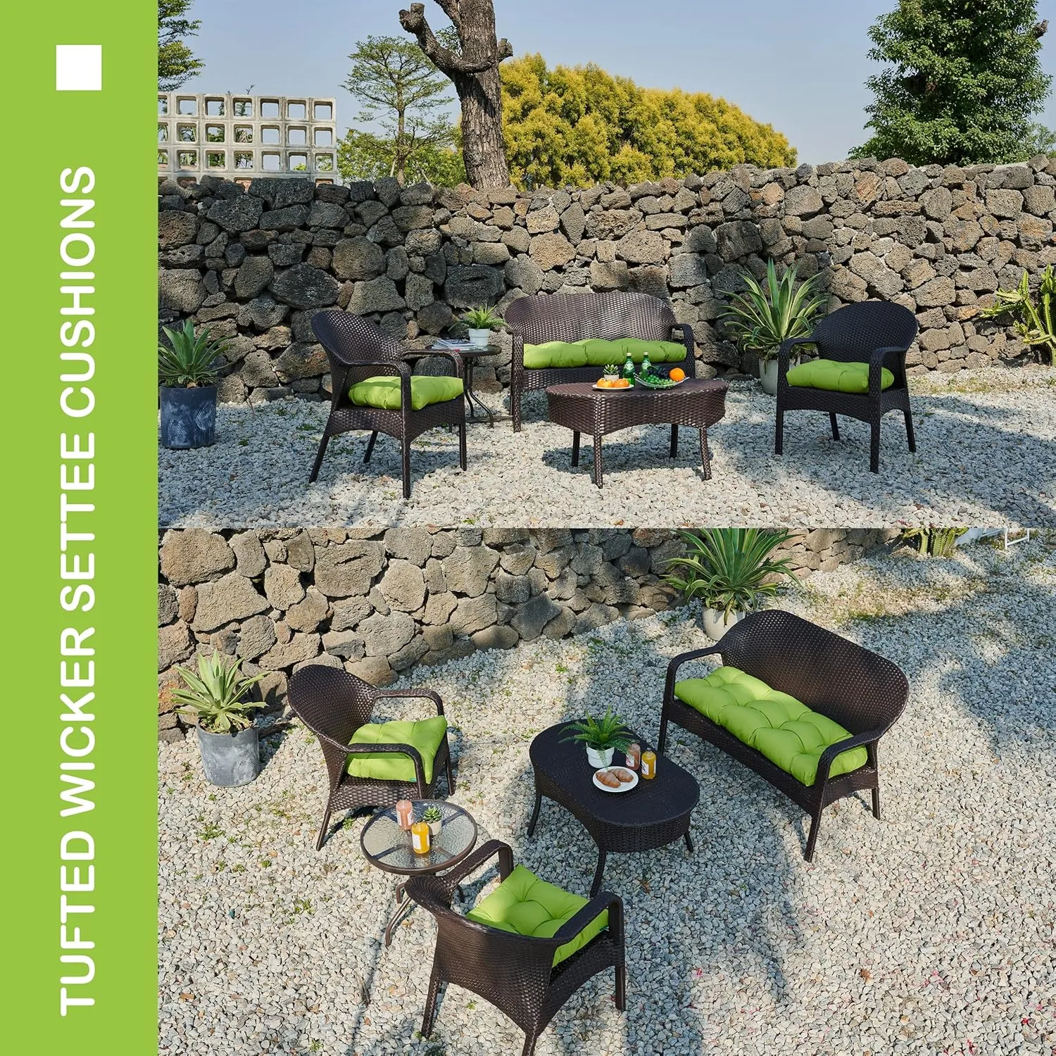 Outdoor/Indoor All Weather Tufted Wicker Chair Cushions of 3 Pieces, 1 Loveseat and 2 U-Shape Waterproof Cushions for Patio Furniture,Wicker Loveseat,Bench-Lime Green