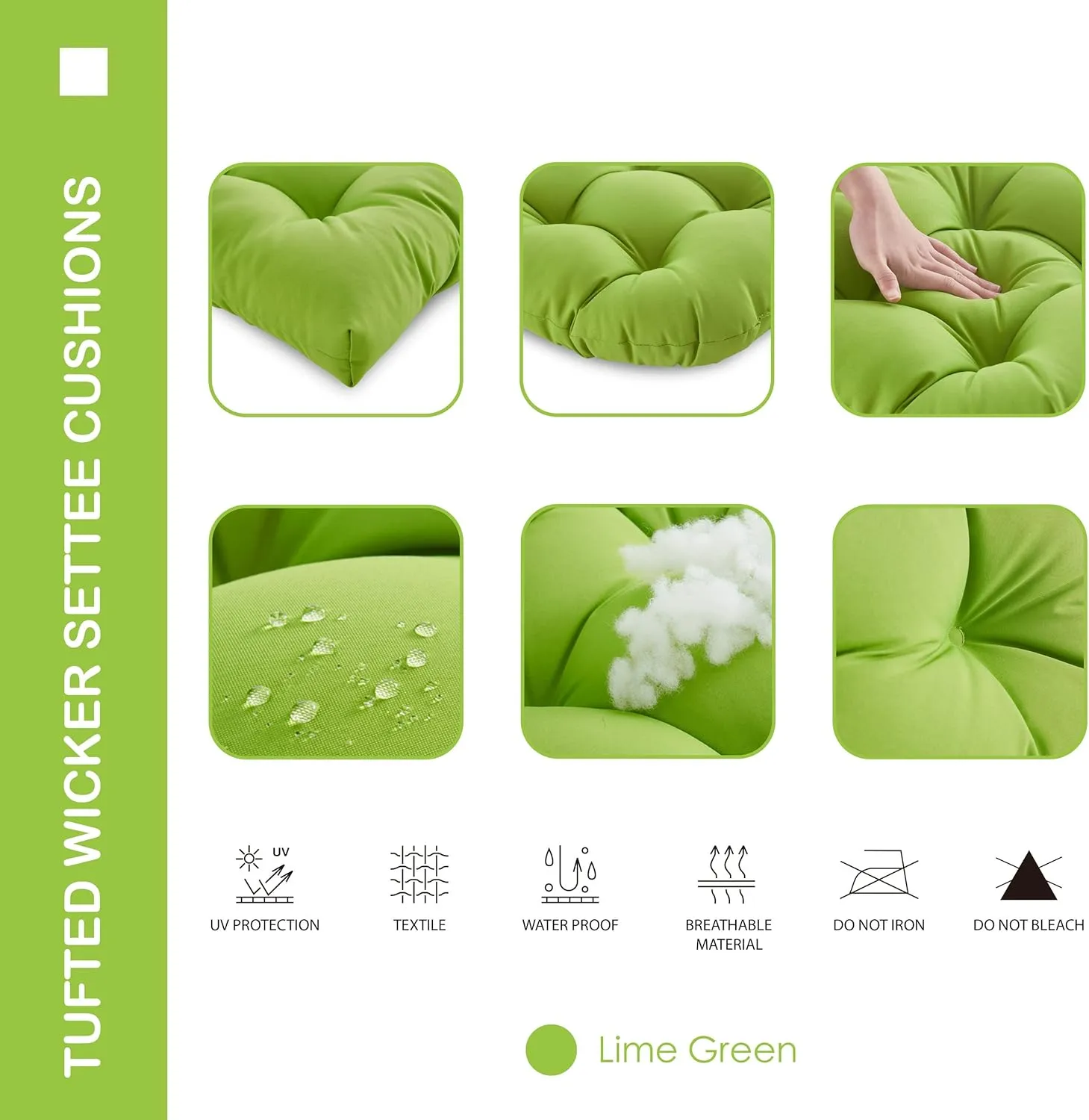 Outdoor/Indoor All Weather Tufted Wicker Chair Cushions of 3 Pieces, 1 Loveseat and 2 U-Shape Waterproof Cushions for Patio Furniture,Wicker Loveseat,Bench-Lime Green