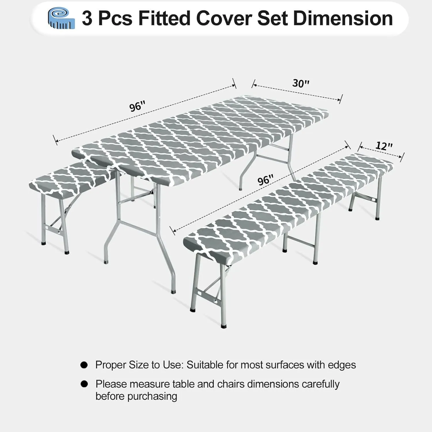 OutdoorLines Vinyl Fitted Picnic Table Cover with Bench Covers - Elastic Waterproof Camping Tablecloth for Picnic Table (Moroccon Gray 96x30 Inch, 3 Pcs)
