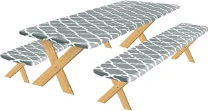 OutdoorLines Vinyl Fitted Picnic Table Cover with Bench Covers - Elastic Waterproof Camping Tablecloth for Picnic Table (Moroccon Gray 96x30 Inch, 3 Pcs)