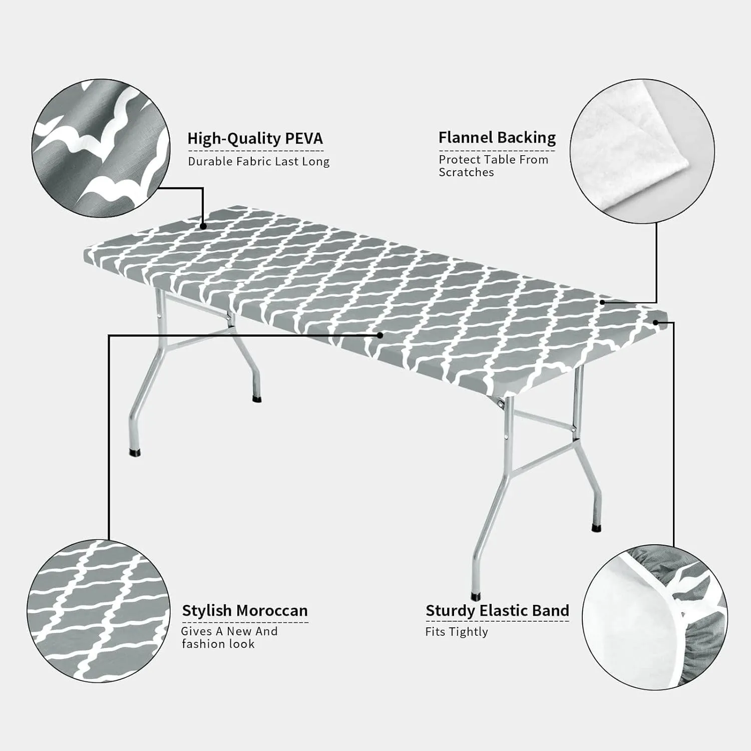 OutdoorLines Vinyl Fitted Picnic Table Cover with Bench Covers - Elastic Waterproof Camping Tablecloth for Picnic Table (Moroccon Gray 96x30 Inch, 3 Pcs)