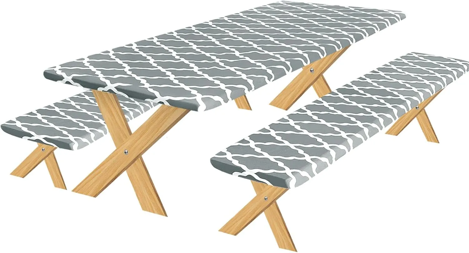 OutdoorLines Vinyl Fitted Picnic Table Cover with Bench Covers - Elastic Waterproof Camping Tablecloth for Picnic Table (Moroccon Gray 96x30 Inch, 3 Pcs)