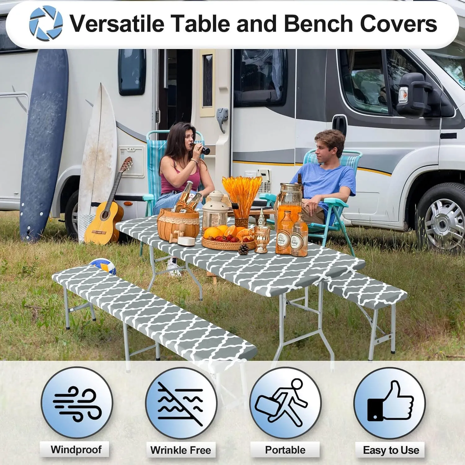 OutdoorLines Vinyl Fitted Picnic Table Cover with Bench Covers - Elastic Waterproof Camping Tablecloth for Picnic Table (Moroccon Gray 96x30 Inch, 3 Pcs)
