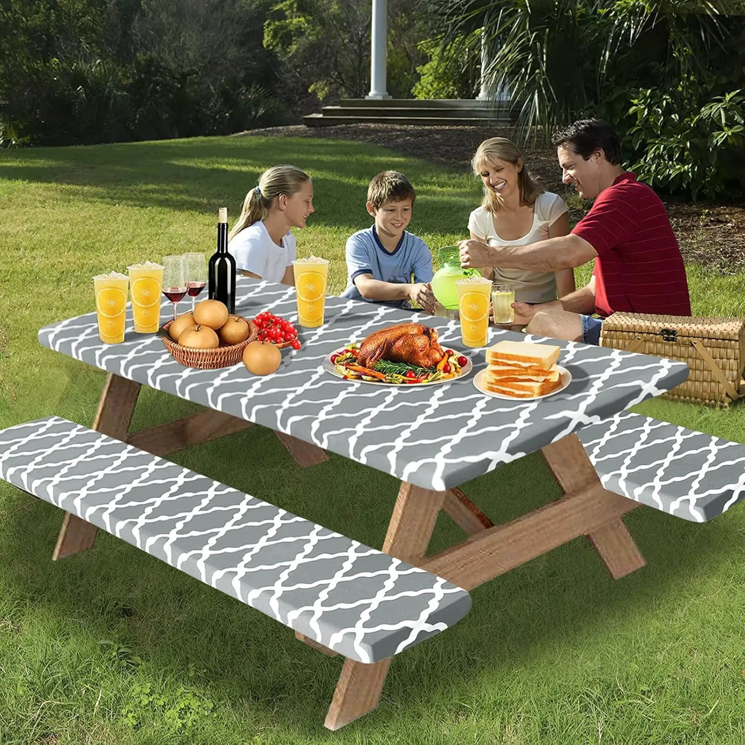 OutdoorLines Vinyl Fitted Picnic Table Cover with Bench Covers - Elastic Waterproof Camping Tablecloth for Picnic Table (Moroccon Gray 96x30 Inch, 3 Pcs)