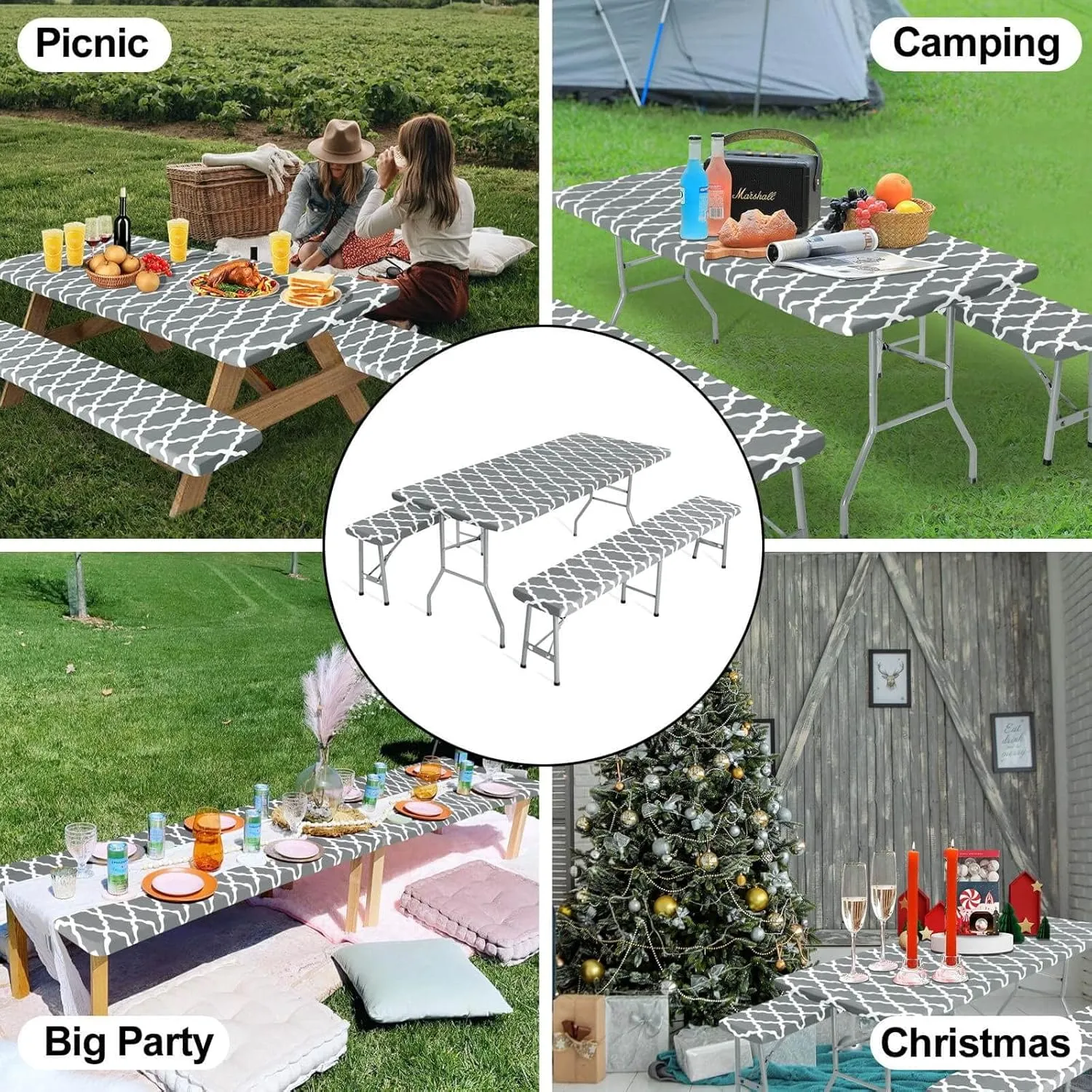 OutdoorLines Vinyl Fitted Picnic Table Cover with Bench Covers - Elastic Waterproof Camping Tablecloth for Picnic Table (Moroccon Gray 96x30 Inch, 3 Pcs)