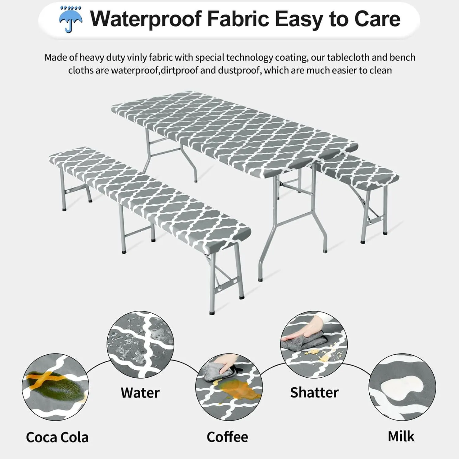 OutdoorLines Vinyl Fitted Picnic Table Cover with Bench Covers - Elastic Waterproof Camping Tablecloth for Picnic Table (Moroccon Gray 96x30 Inch, 3 Pcs)