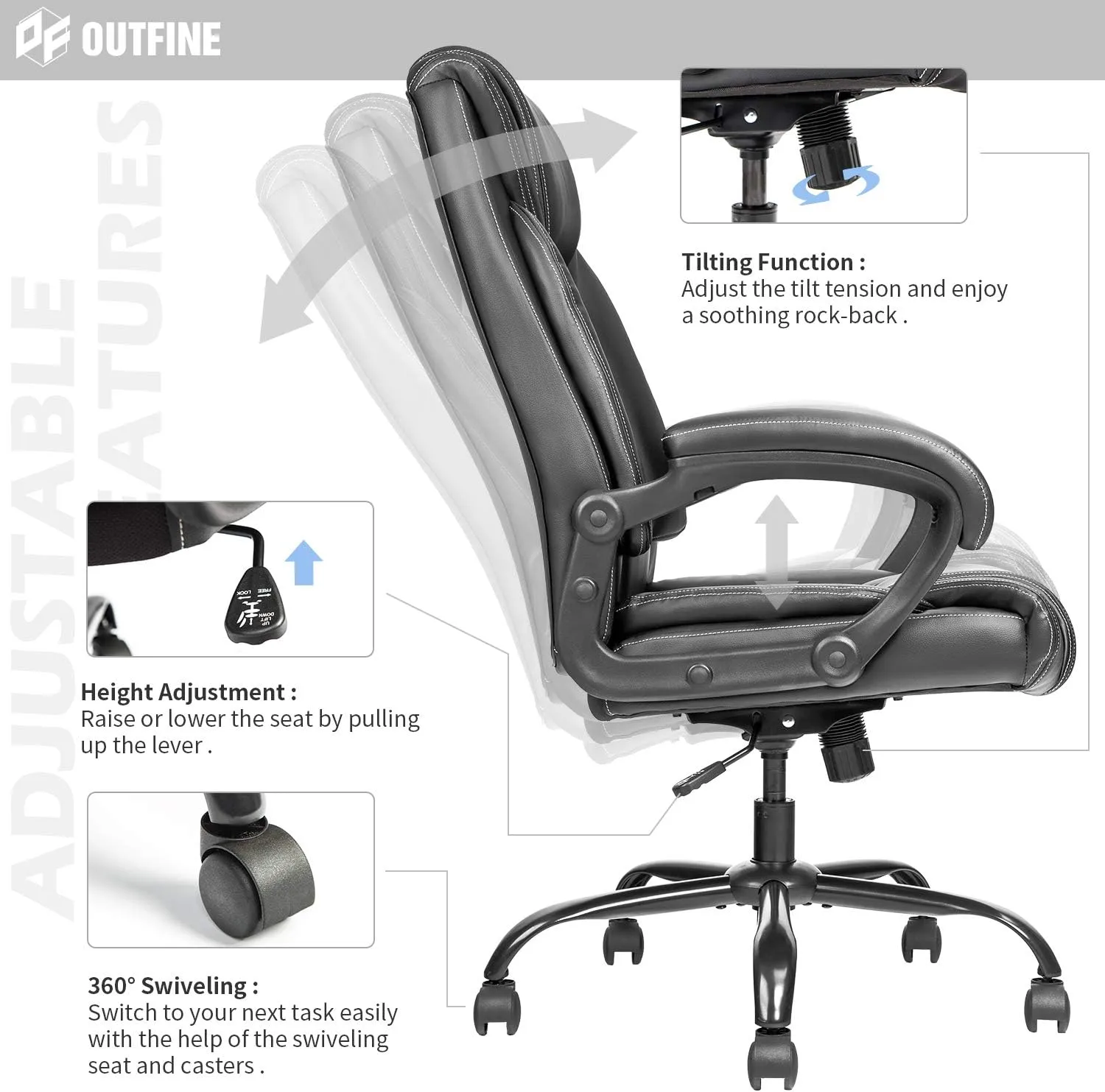 OUTFINE Office Chair Executive Office Chair Desk Chair Computer Chair with 5-Year hydrolysis-Resistant Leather Spring Cushion Ergonomic Support Tilting Function Upholstered in Bonded Leather Black