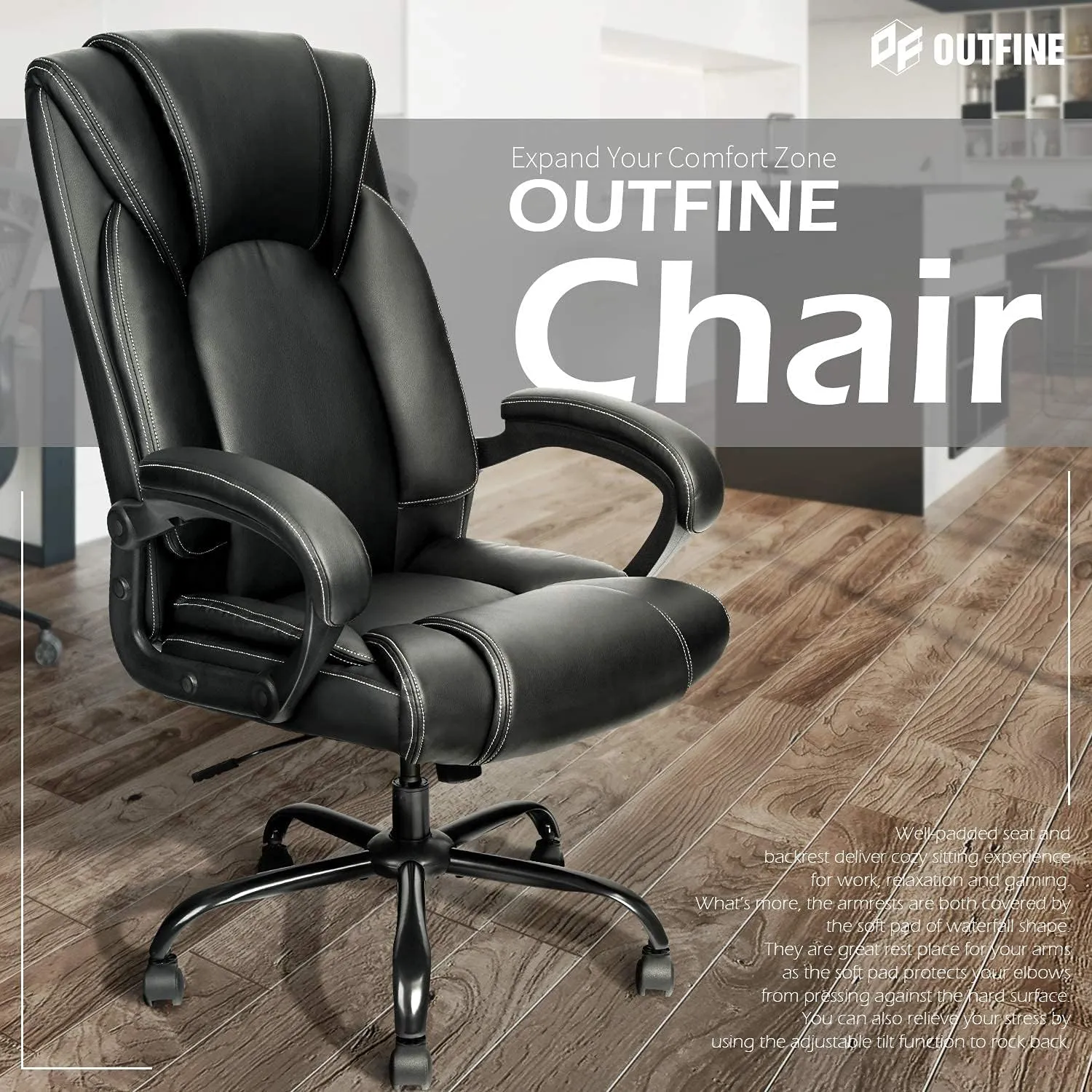 OUTFINE Office Chair Executive Office Chair Desk Chair Computer Chair with 5-Year hydrolysis-Resistant Leather Spring Cushion Ergonomic Support Tilting Function Upholstered in Bonded Leather Black
