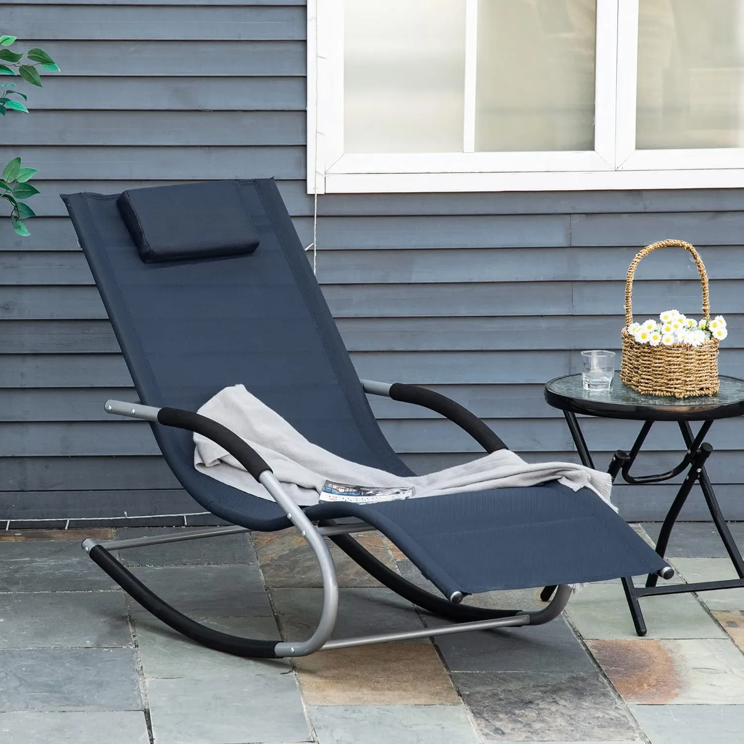 Outsunny Zero Gravity Rocking Chair Outdoor Chaise Lounge Chair Recliner Rocker with Detachable Pillow and Weather-Resistant Fabric for Patio, Deck, Pool, Navy Blue