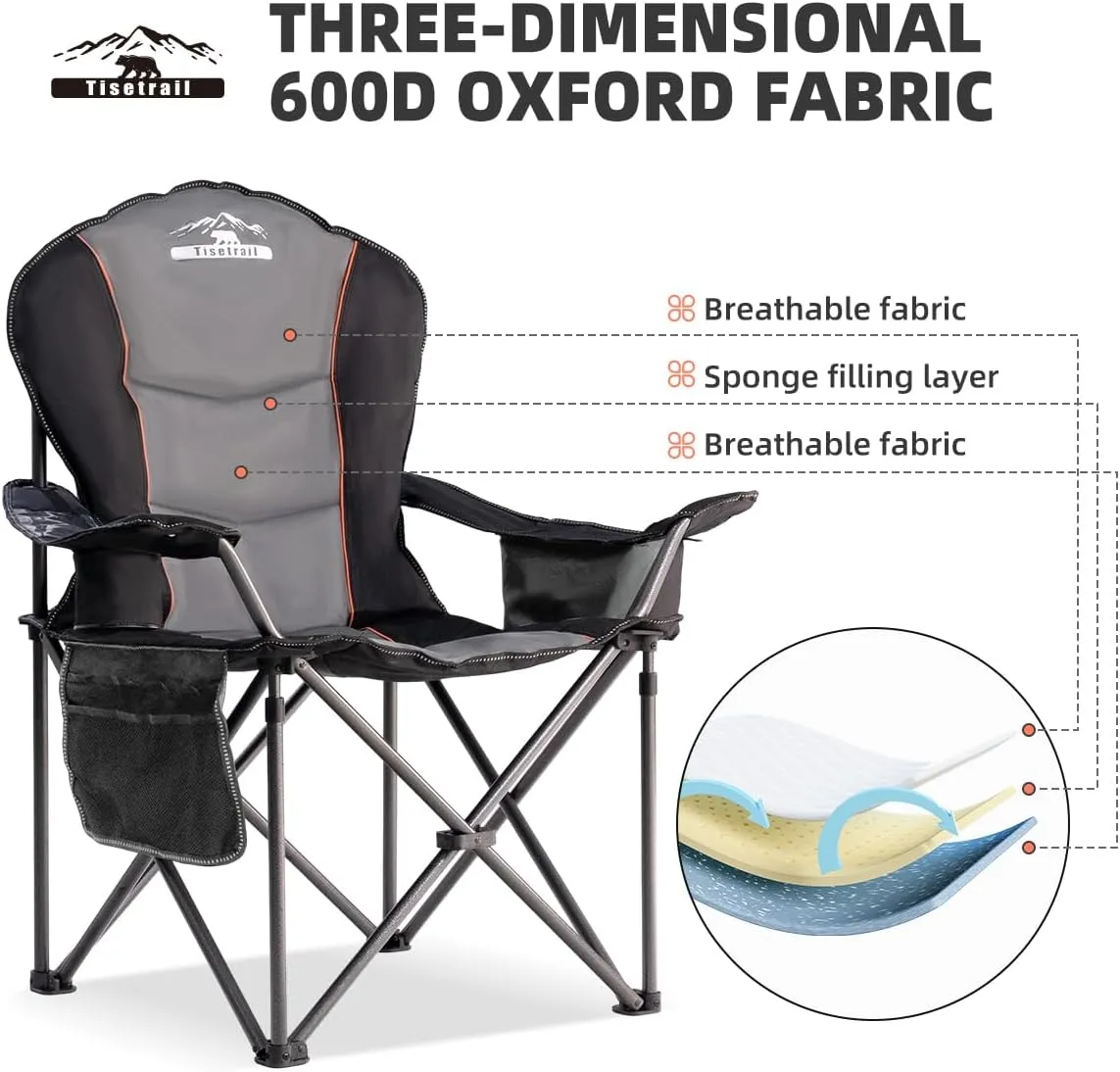 Oversized Camping Chairs with Cooler Bag & Cup Holder - Set of 2 Heavy-Duty 500lbs Folding Chairs (Steel Frame, Padded Seat, Black & Gray)