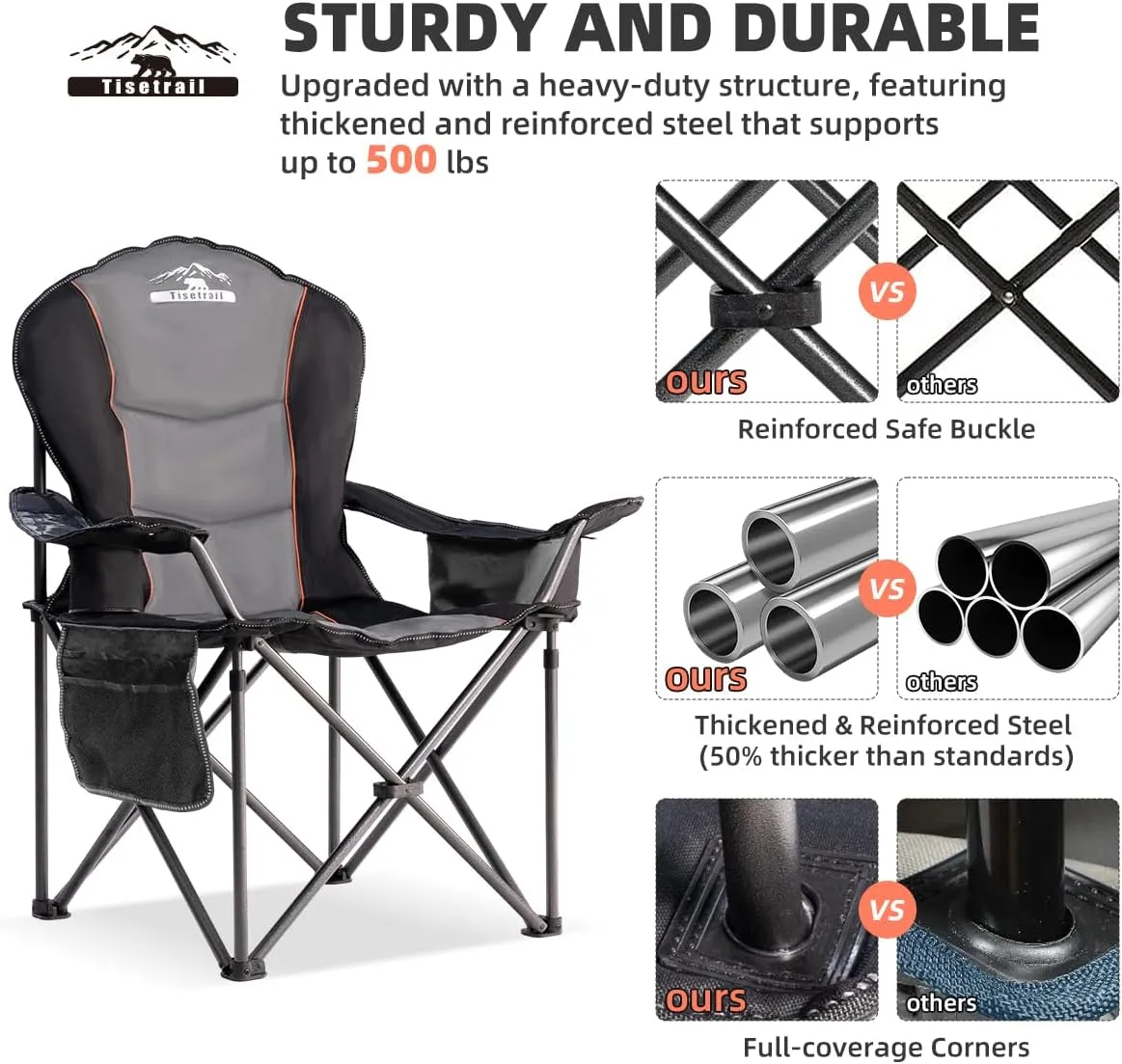 Oversized Camping Chairs with Cooler Bag & Cup Holder - Set of 2 Heavy-Duty 500lbs Folding Chairs (Steel Frame, Padded Seat, Black & Gray)