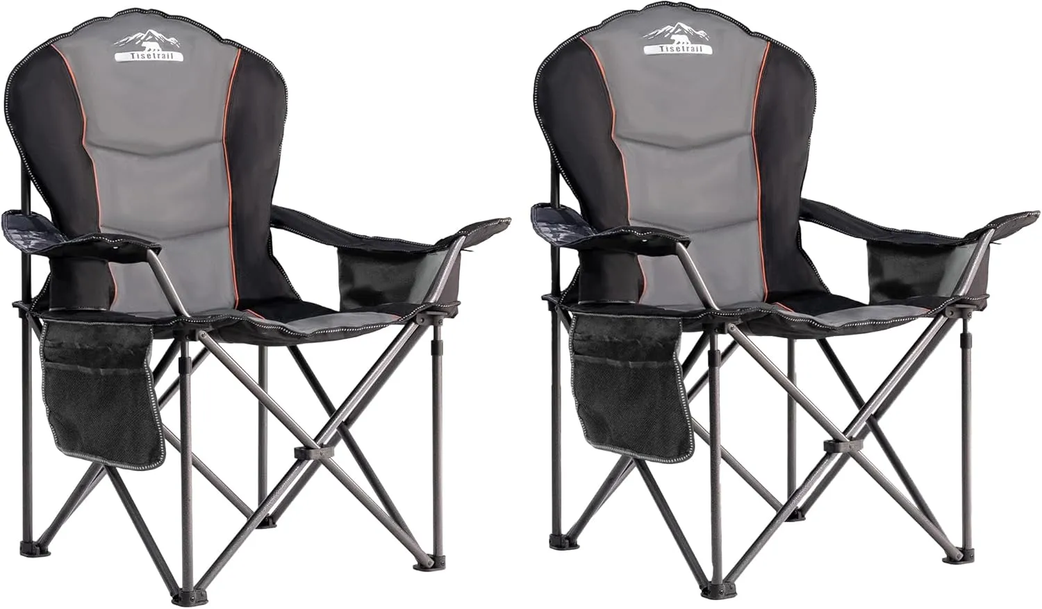 Oversized Camping Chairs with Cooler Bag & Cup Holder - Set of 2 Heavy-Duty 500lbs Folding Chairs (Steel Frame, Padded Seat, Black & Gray)