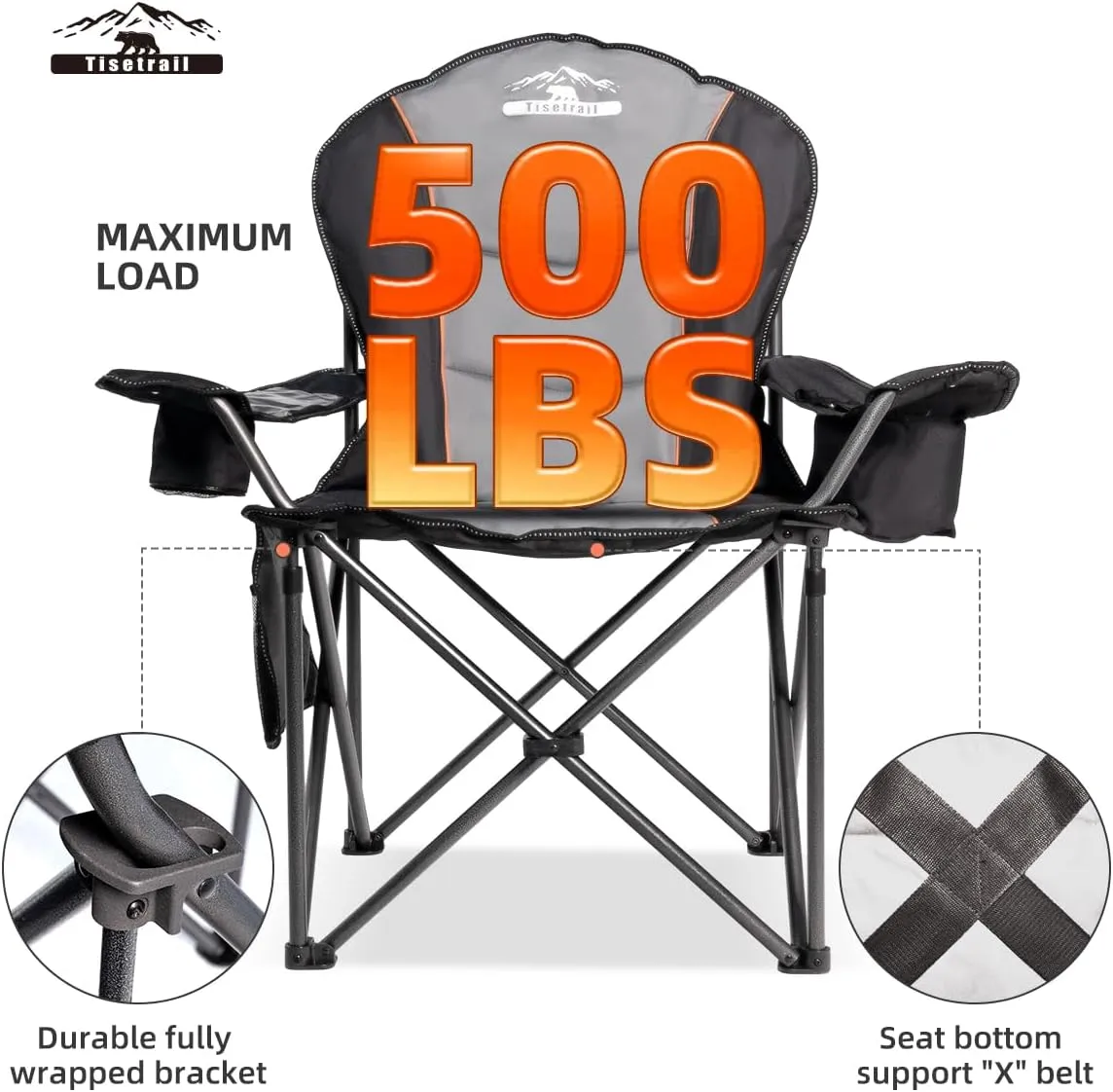 Oversized Camping Chairs with Cooler Bag & Cup Holder - Set of 2 Heavy-Duty 500lbs Folding Chairs (Steel Frame, Padded Seat, Black & Gray)