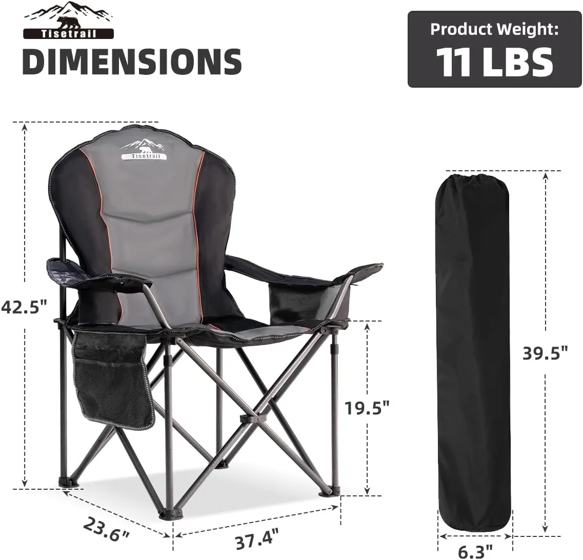 Oversized Camping Chairs with Cooler Bag & Cup Holder - Set of 2 Heavy-Duty 500lbs Folding Chairs (Steel Frame, Padded Seat, Black & Gray)
