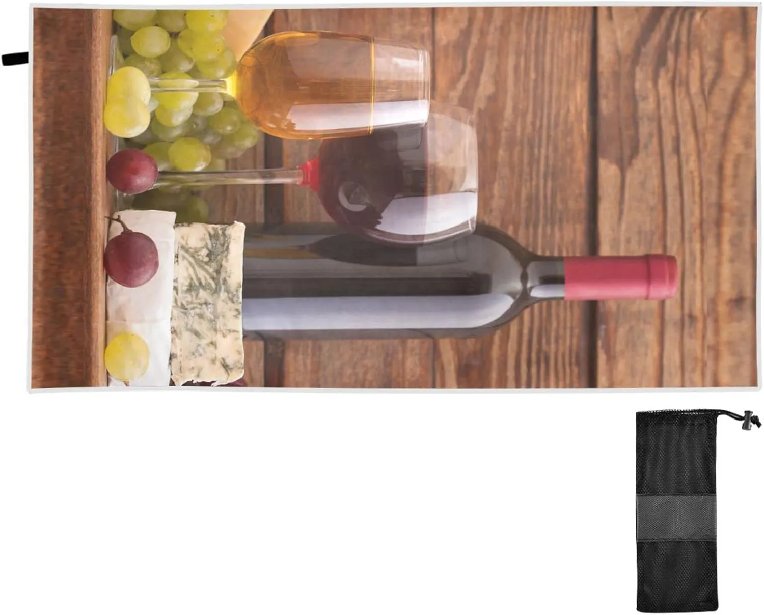 Oyihfvs Cheese, Grapes and Wine Bottles Wines on Wooden Table Retro Style Quick Drying Beach Towel, Foldable Yoga Towel, Soft Sport Towel, Sweat Absorbent Towel with Storage Mesh Bag 30 x 60 inch (S)