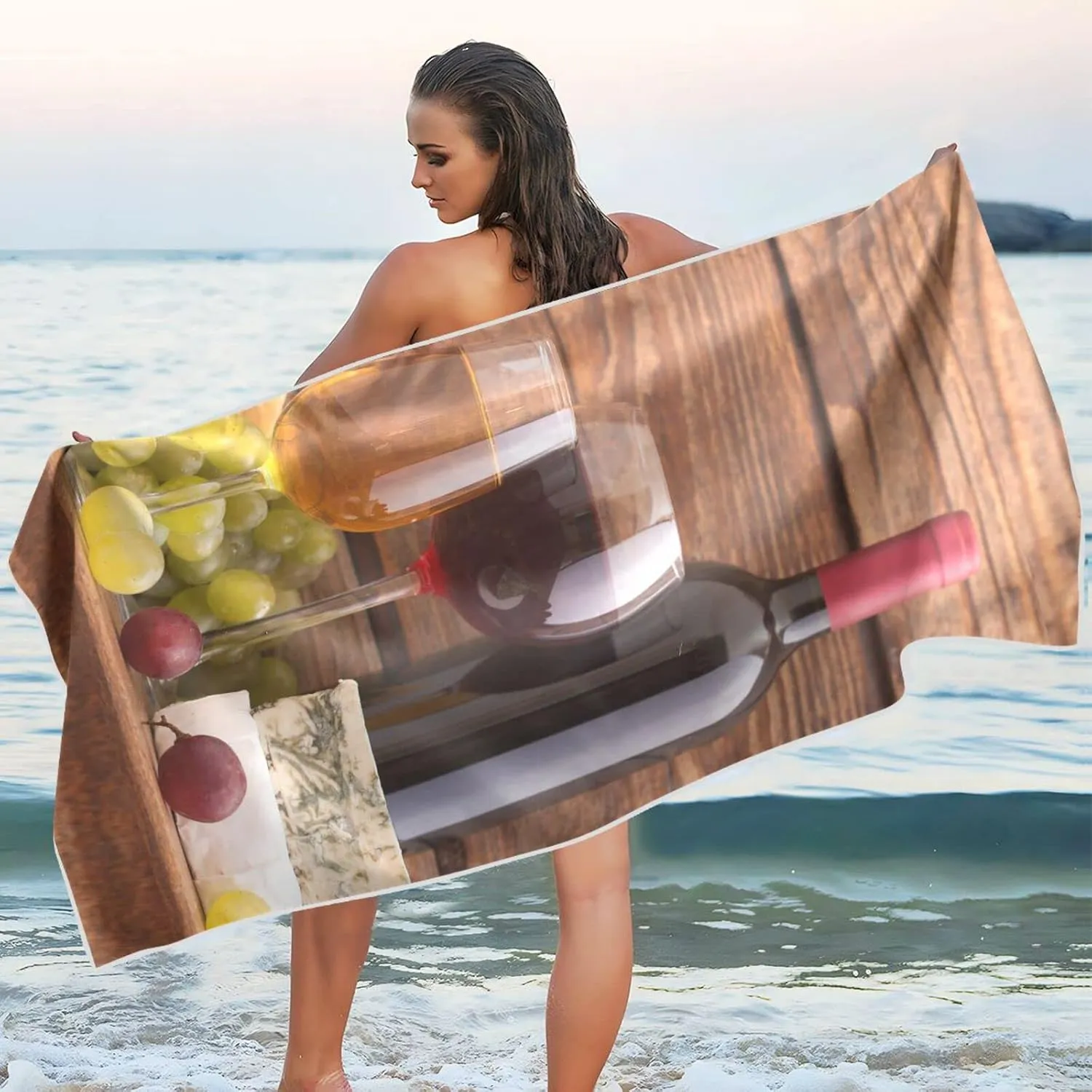 Oyihfvs Cheese, Grapes and Wine Bottles Wines on Wooden Table Retro Style Quick Drying Beach Towel, Foldable Yoga Towel, Soft Sport Towel, Sweat Absorbent Towel with Storage Mesh Bag 30 x 60 inch (S)