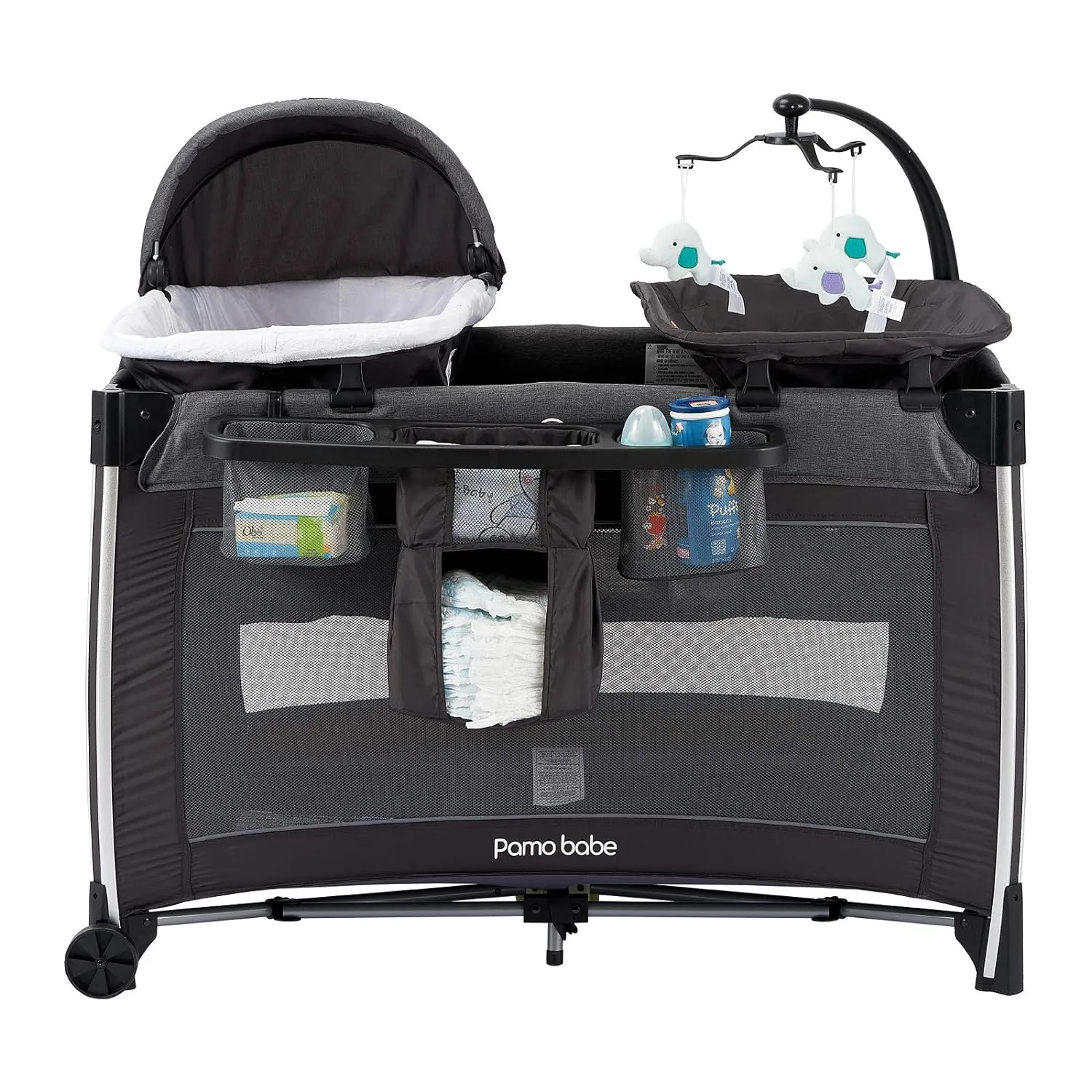 Pamo Babe 4 in 1 Portable Baby Crib Deluxe Nursery Center, Foldable Travel Playard with Bassinet, Mattress, Changing Table for Newborn, Infant, Toddler(Grey)