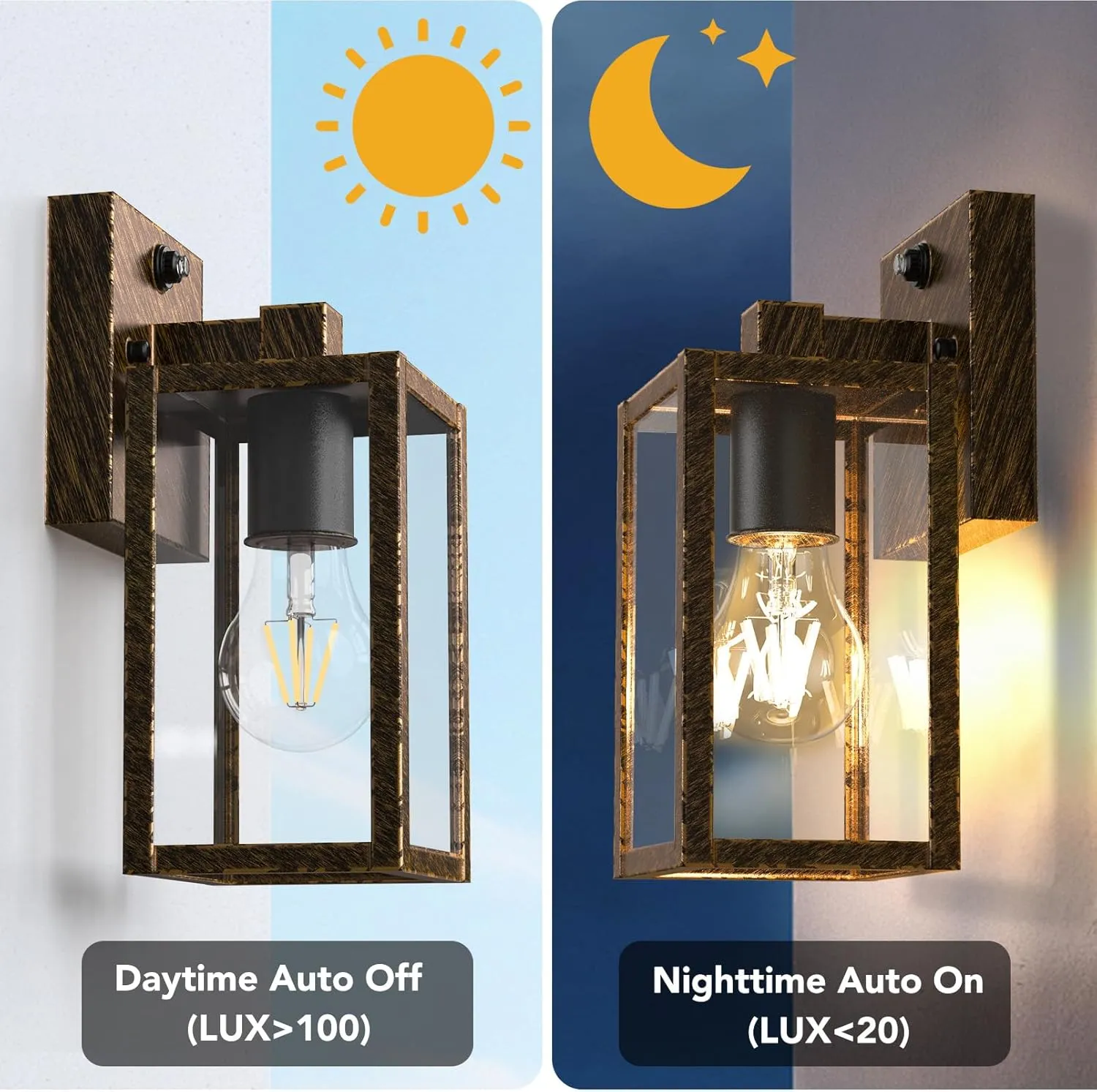 PARTPHONER Dusk to Dawn Outdoor Light Fixtures, 2-Pack Sensor Porch Lights, Waterproof Exterior Wall Sconce Lighting Lamp, Waterproof Wall Lantern for House, Doorway, Garage (Black Brush Gold)
