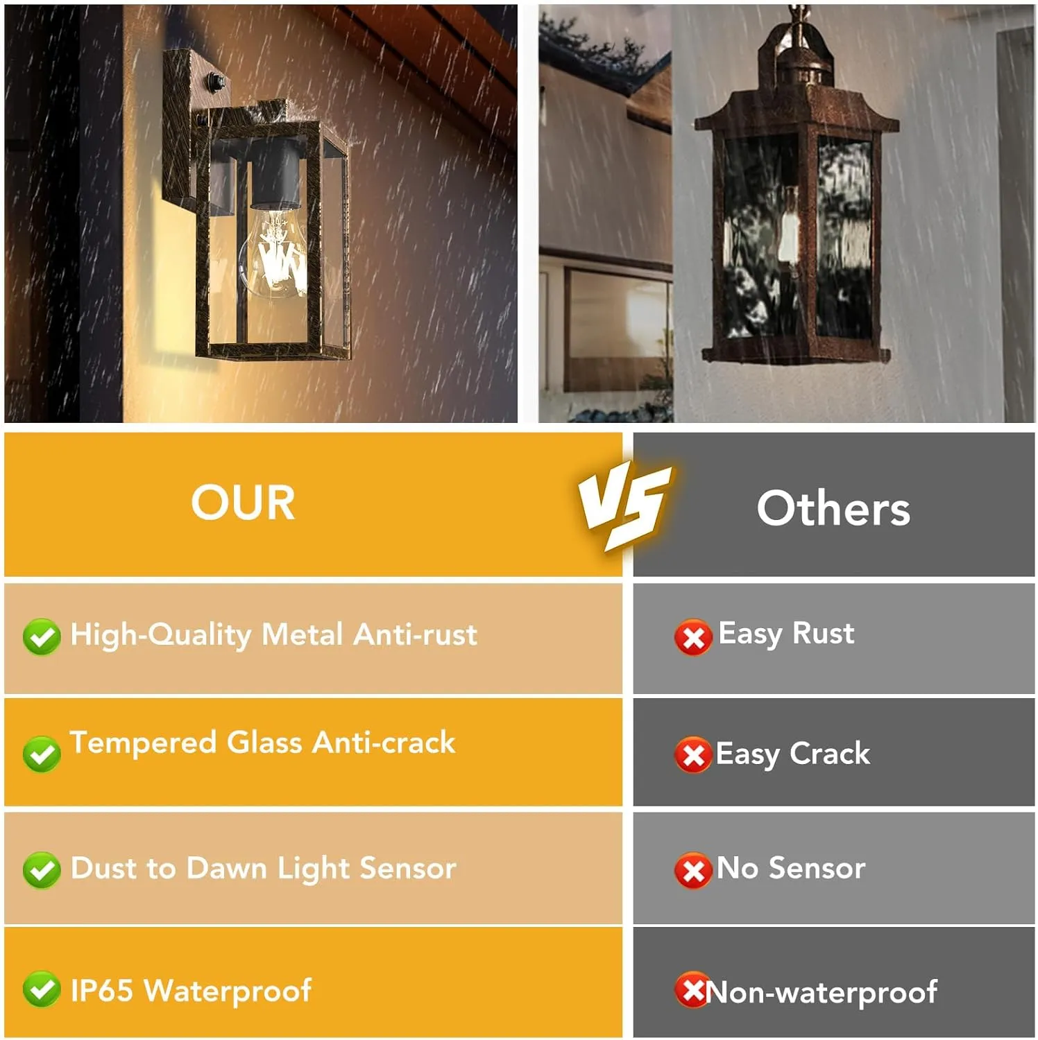 PARTPHONER Dusk to Dawn Outdoor Light Fixtures, 2-Pack Sensor Porch Lights, Waterproof Exterior Wall Sconce Lighting Lamp, Waterproof Wall Lantern for House, Doorway, Garage (Black Brush Gold)