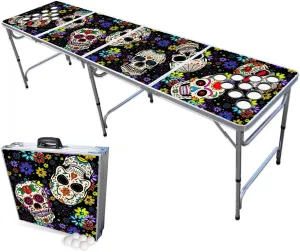 PARTYPONG 8-Foot Folding Beer Pong Table w/Cup Holes - Dia de Los Muertos Edition