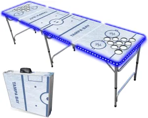 PARTYPONG 8-Foot Folding Portable Pong Table w/Optional Cup Holes & LED Lights - Tampa Bay Hockey Rink (Choose Your Model)