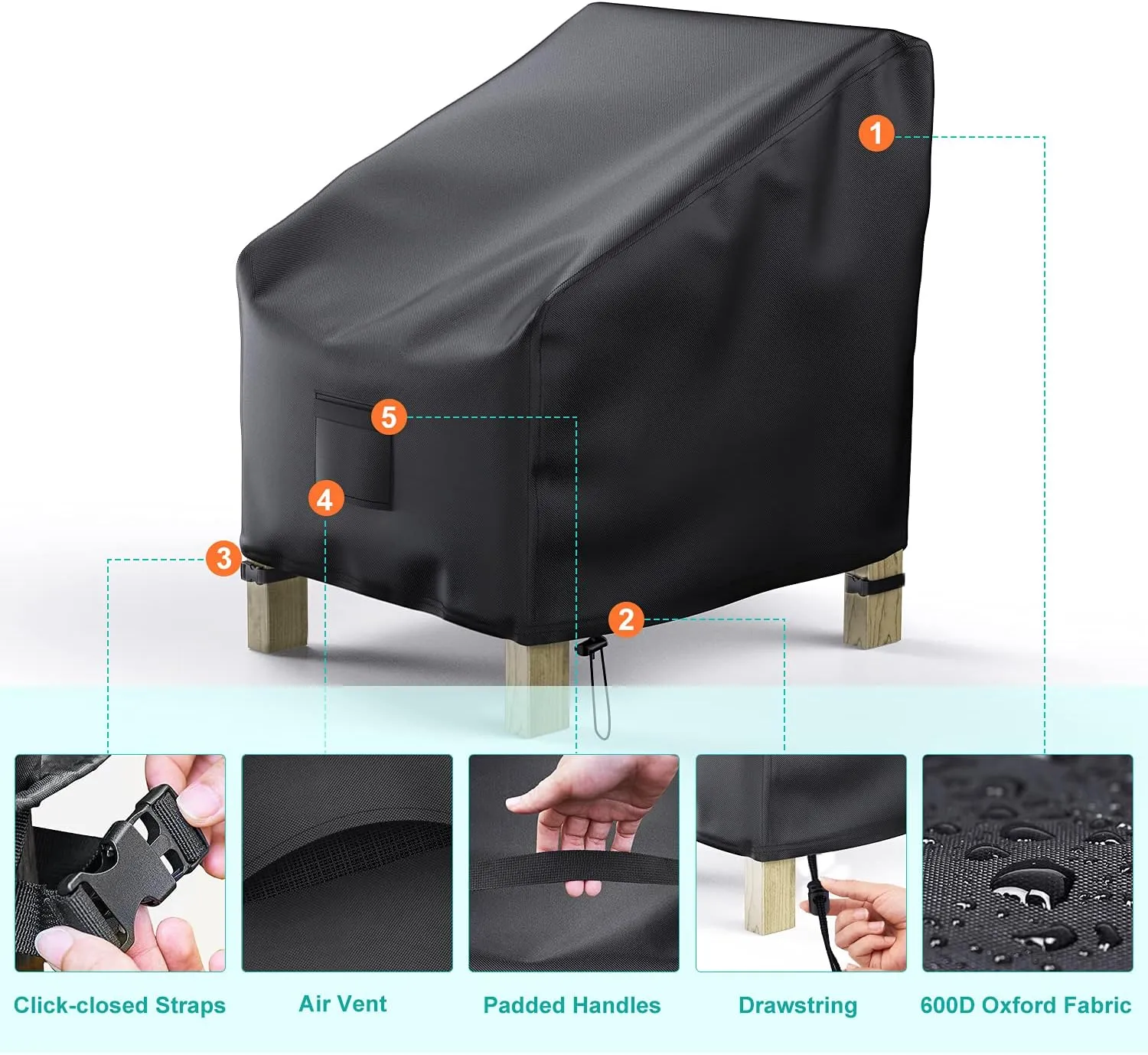 Patio Chair Covers for Outdoor Furniture Waterproof 2 Pack, Lawn Chair Covers 600D Heavy Duty Oxford Cloth, Large Covers for Lounge Lawn Deep Seat Black 38" W x 31" D x 29" H