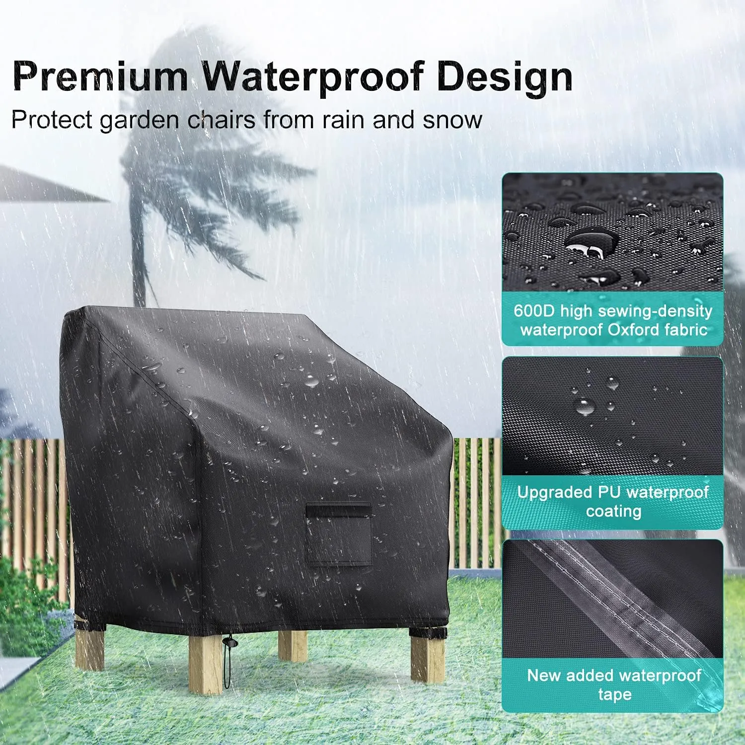 Patio Chair Covers for Outdoor Furniture Waterproof 2 Pack, Lawn Chair Covers 600D Heavy Duty Oxford Cloth, Large Covers for Lounge Lawn Deep Seat Black 38" W x 31" D x 29" H