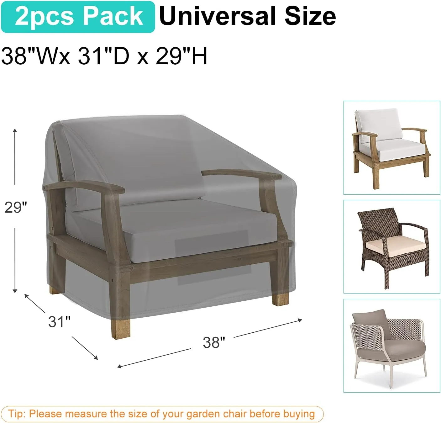 Patio Chair Covers for Outdoor Furniture Waterproof 2 Pack, Lawn Chair Covers 600D Heavy Duty Oxford Cloth, Large Covers for Lounge Lawn Deep Seat Black 38" W x 31" D x 29" H