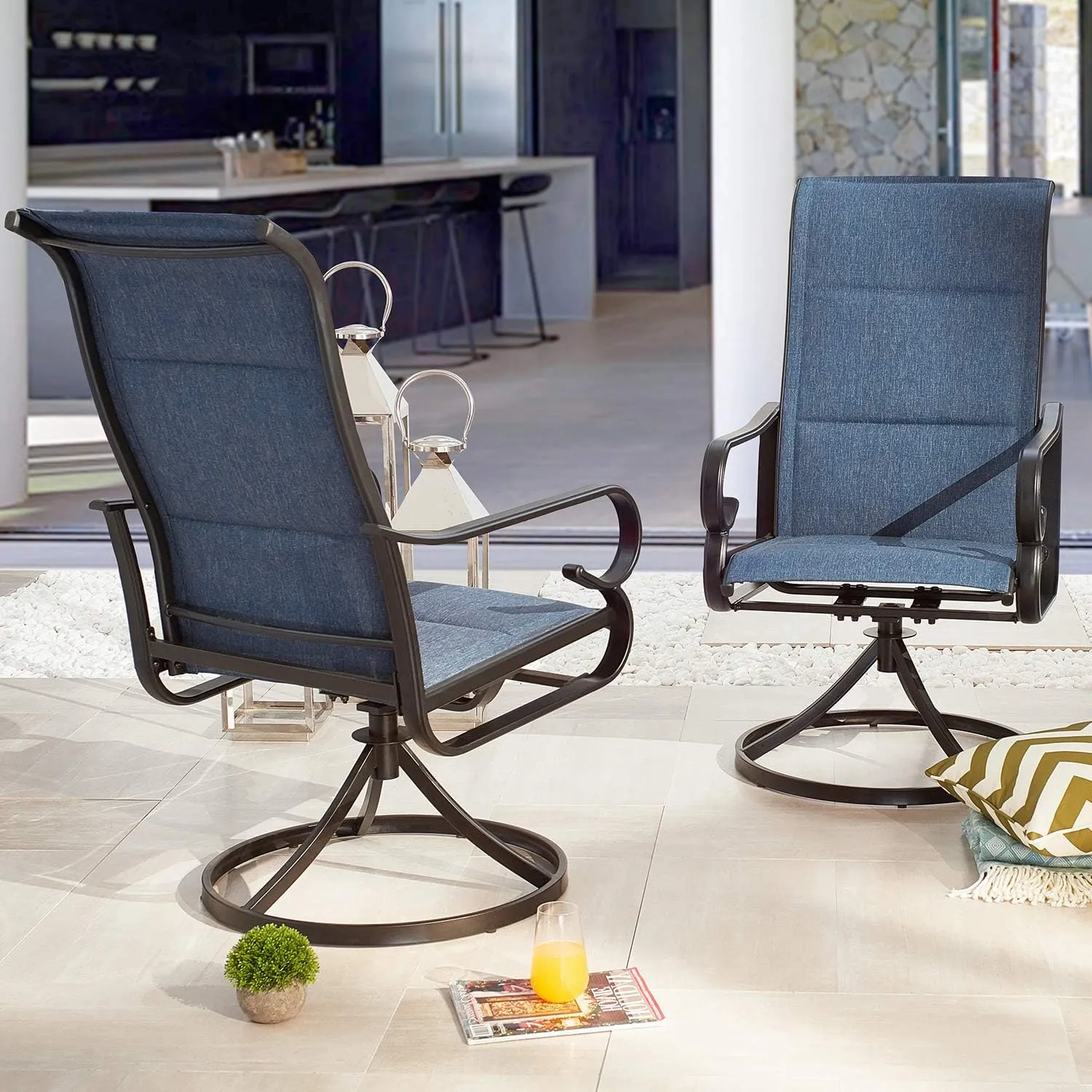 Patio Dining Chairs High Back Outdoor Swivel Rocker Set with All Weather Frame (Blue,Set of 2)