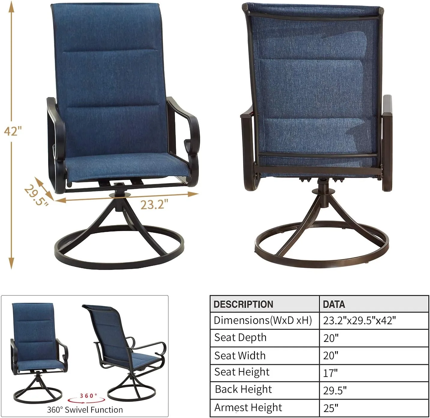 Patio Dining Chairs High Back Outdoor Swivel Rocker Set with All Weather Frame (Blue,Set of 2)