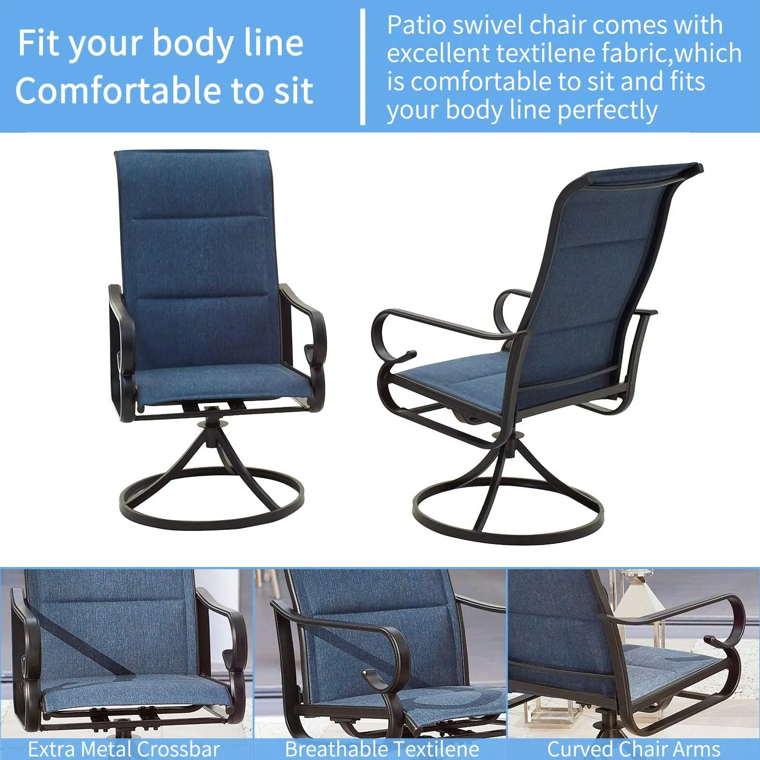 Patio Dining Chairs High Back Outdoor Swivel Rocker Set with All Weather Frame (Blue,Set of 2)