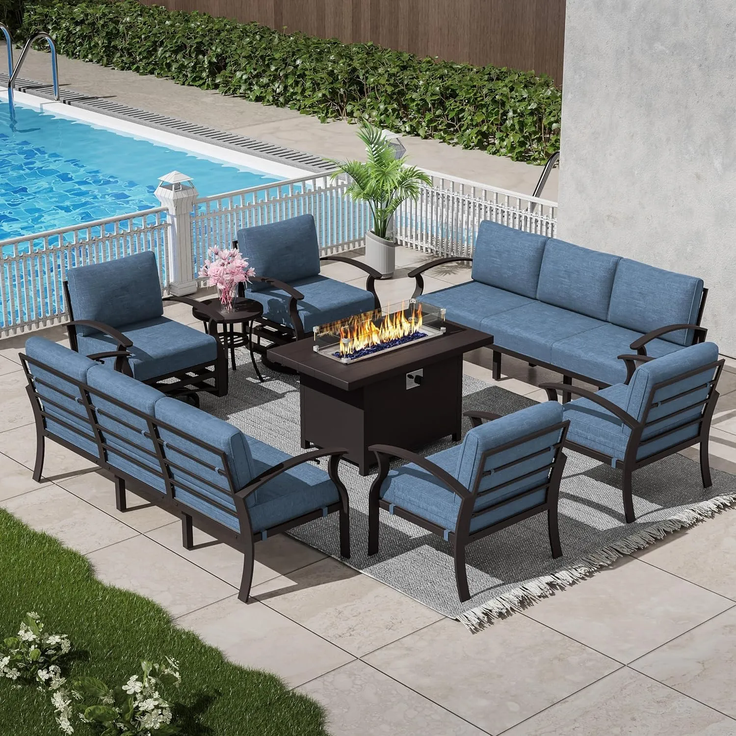 Patio Furniture Set 10 Seats Aluminum Armrest Sofa, Modern Outdoor Living Room Set with 55000 BTU Propane Aluminum Fireplace, Outdoor Rotary Joystick with Thick Cushion