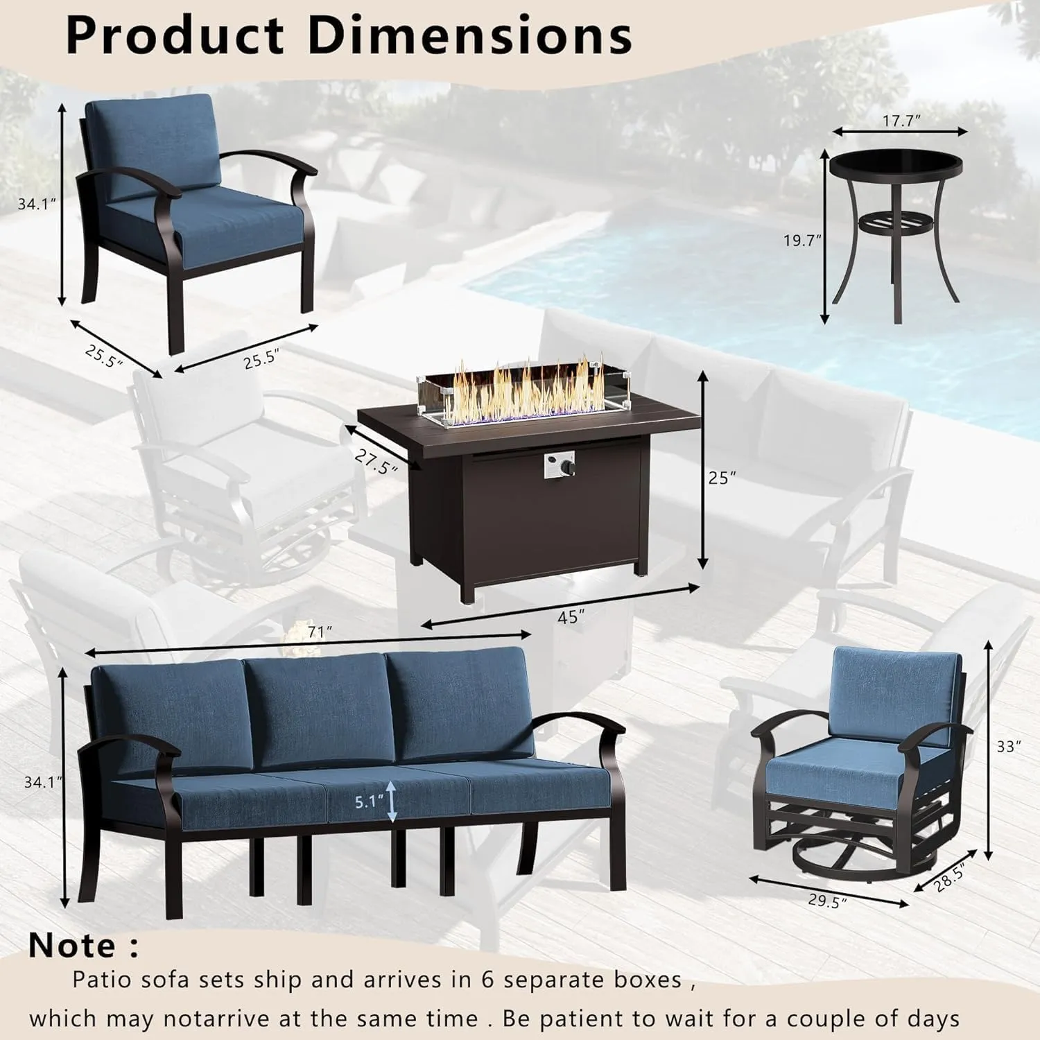 Patio Furniture Set 10 Seats Aluminum Armrest Sofa, Modern Outdoor Living Room Set with 55000 BTU Propane Aluminum Fireplace, Outdoor Rotary Joystick with Thick Cushion